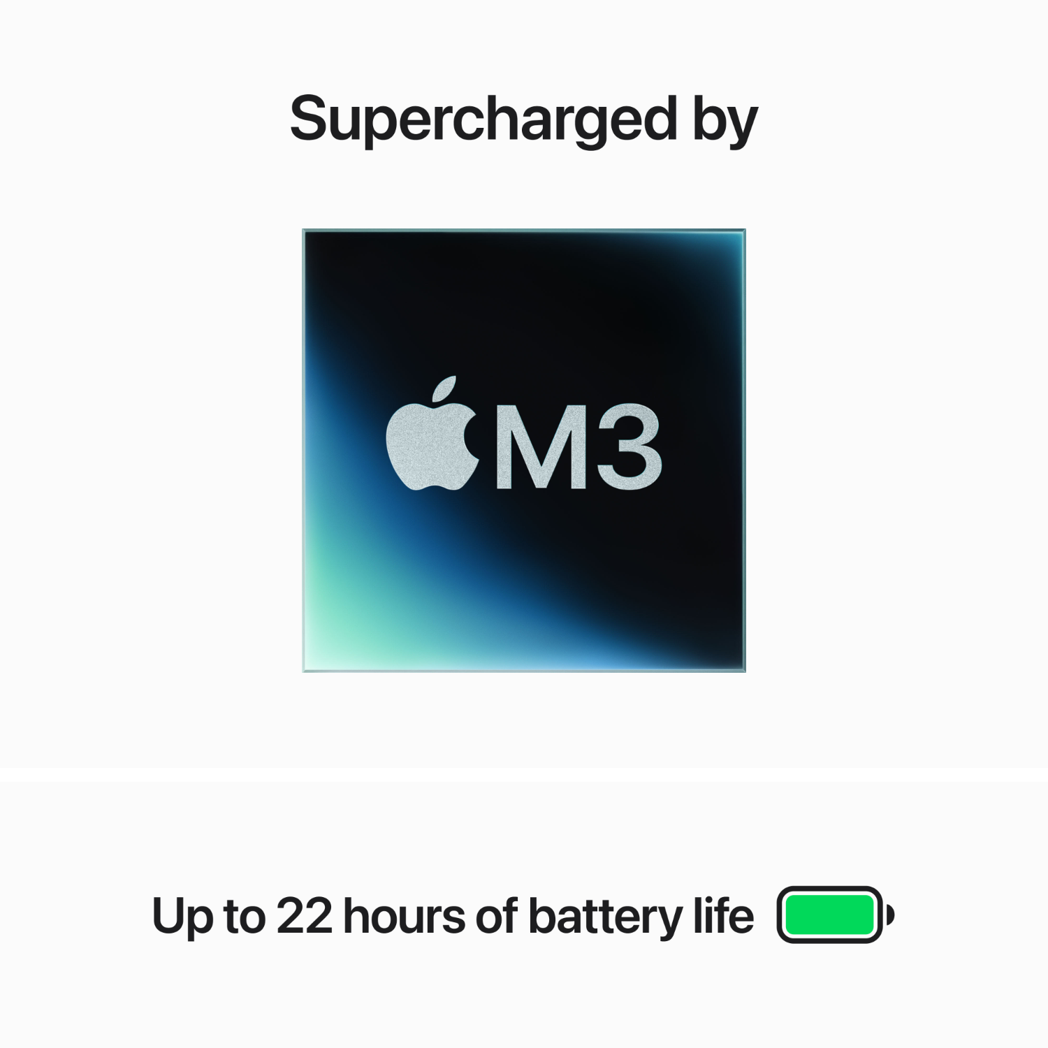 Gráfico del chip Apple M3 con texto 'Supercharged by M3'. Indicador de duración de la batería verde.