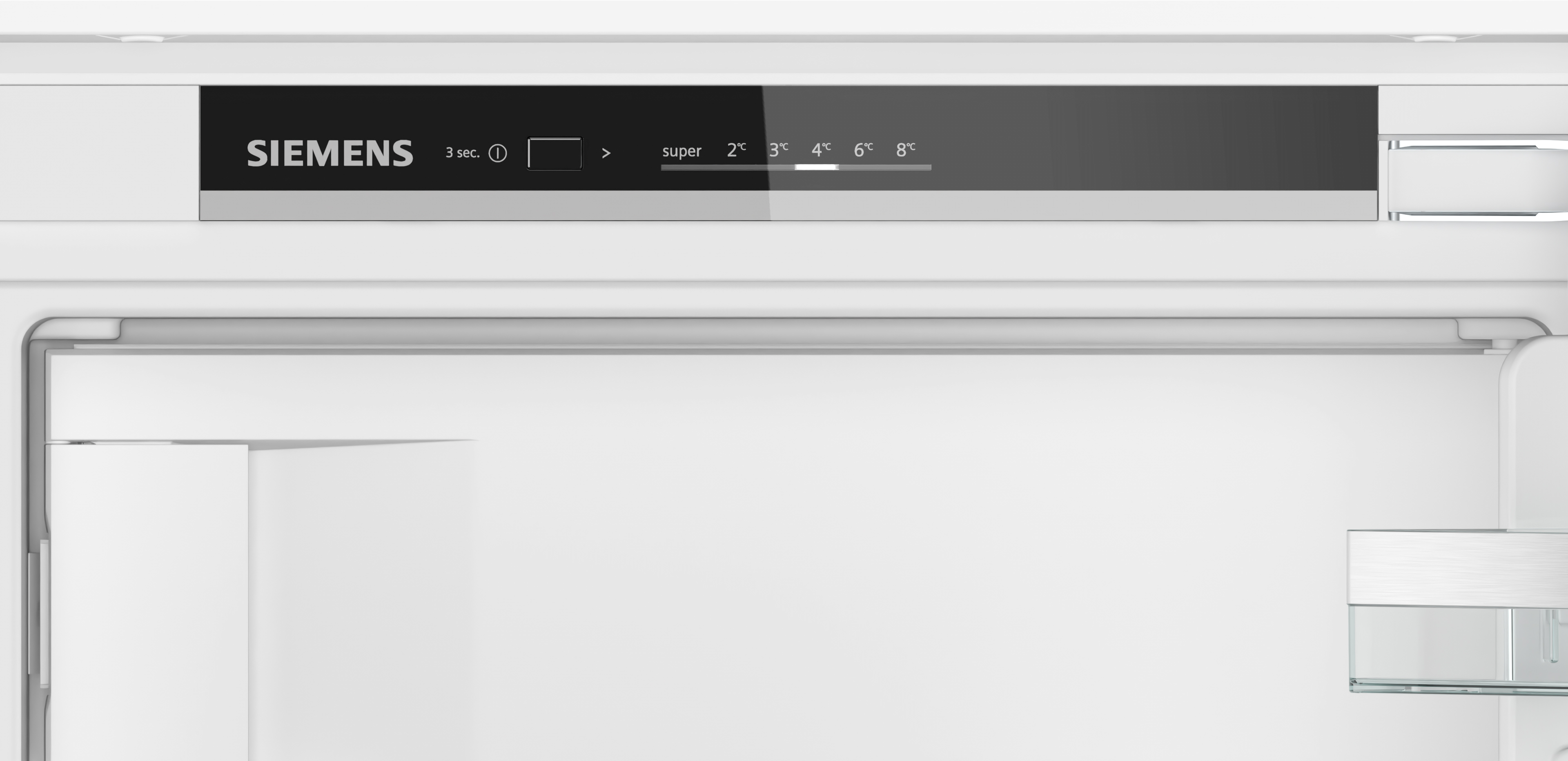 Siemens Kühlschrank-Bedienfeld mit Temperatureinstellungen. Weißer Innenraum.