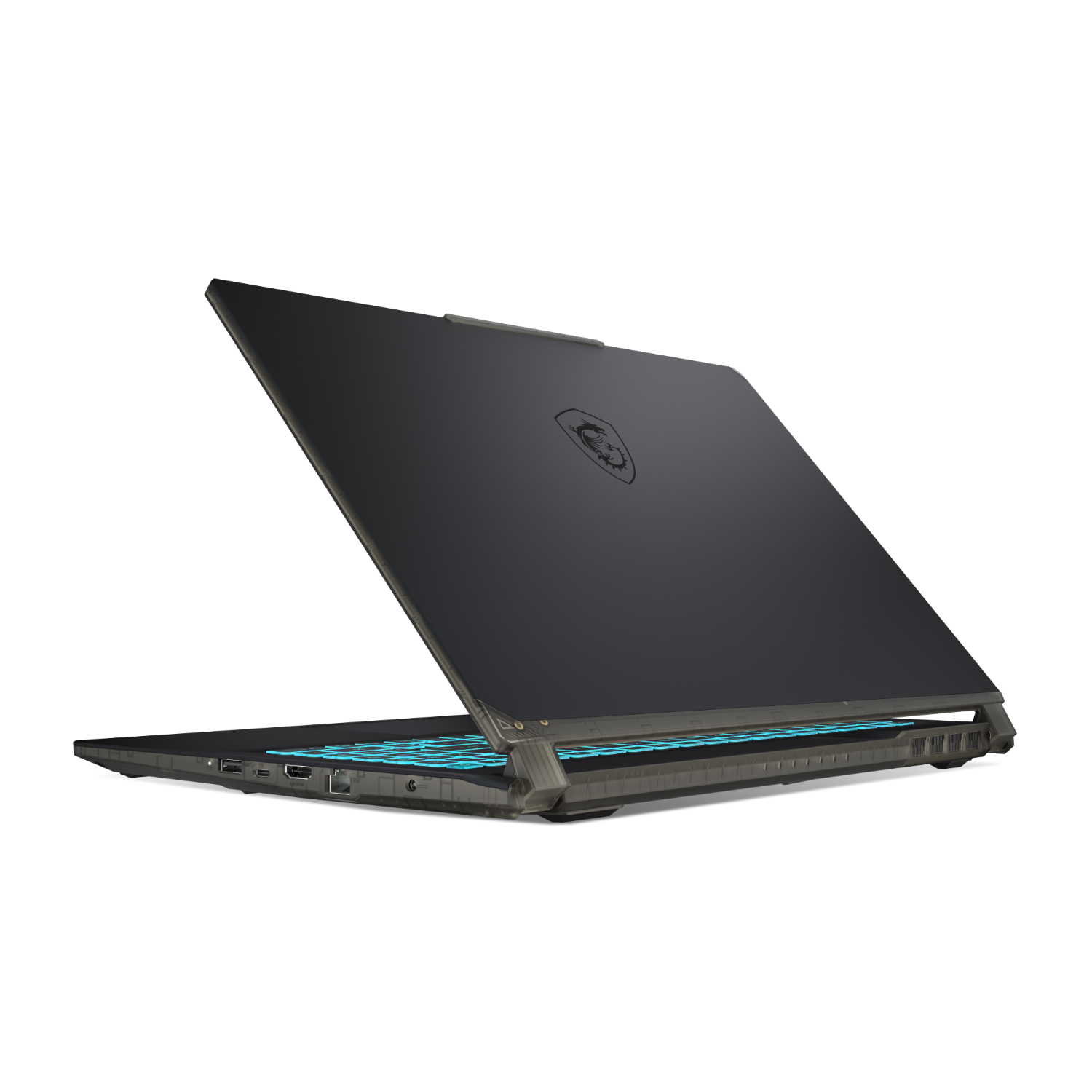 Zwarte laptop met het deksel iets open, toont het toetsenbord met gloeiende lichten.