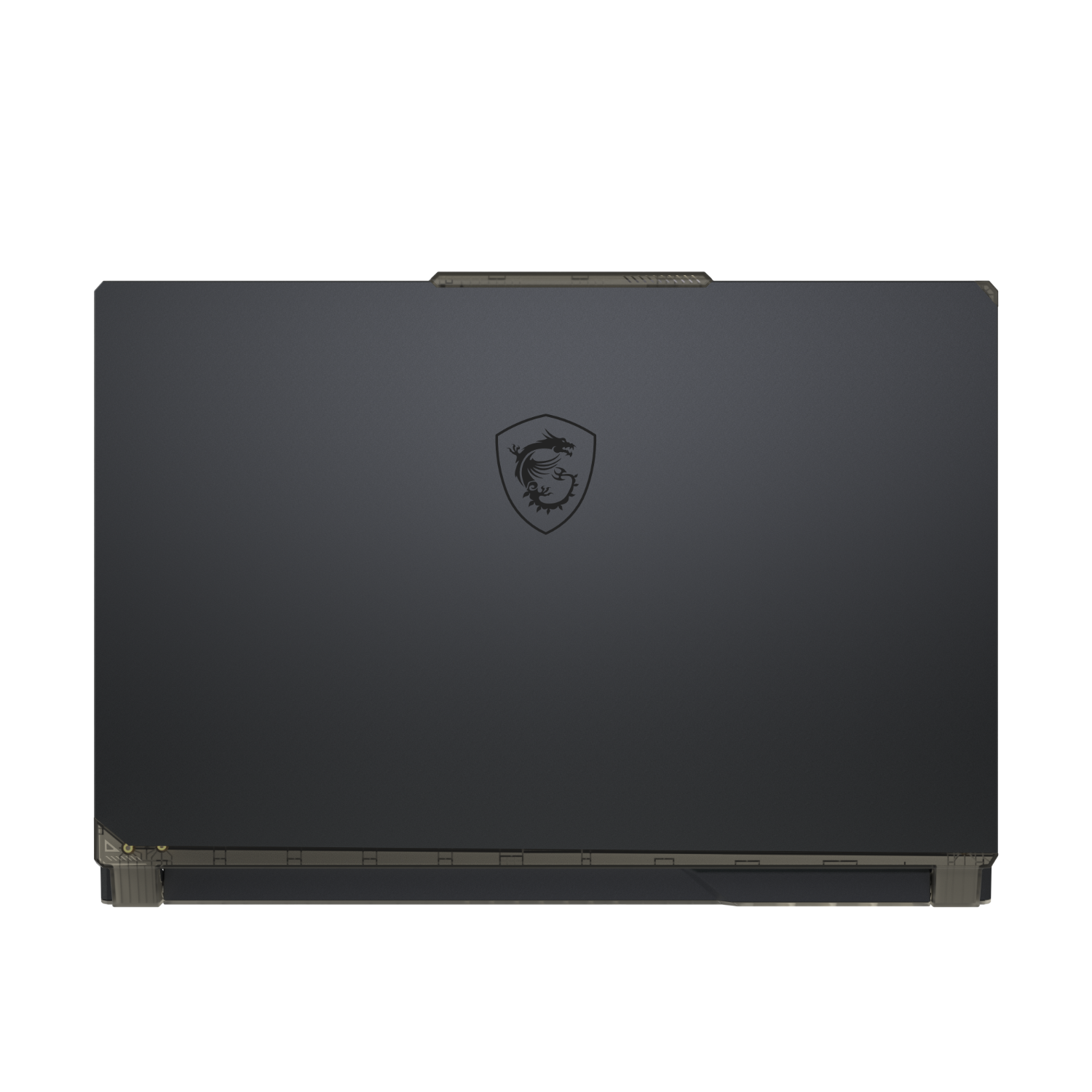 Donkergrijze laptop, gesloten. MSI-logo gecentreerd. Zwarte achtergrond.