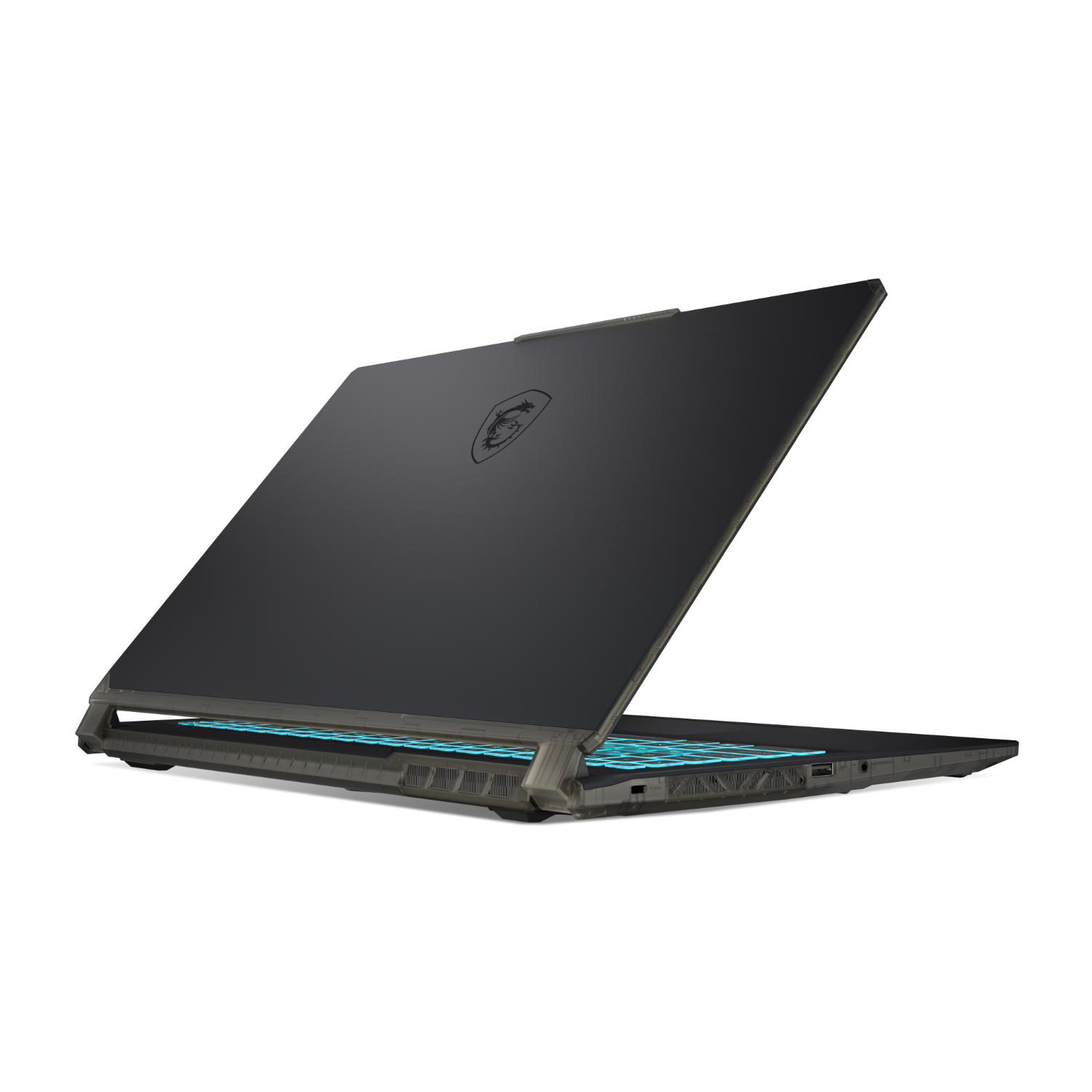 MSI-laptop, schuine weergave, toont achterkant en basis.