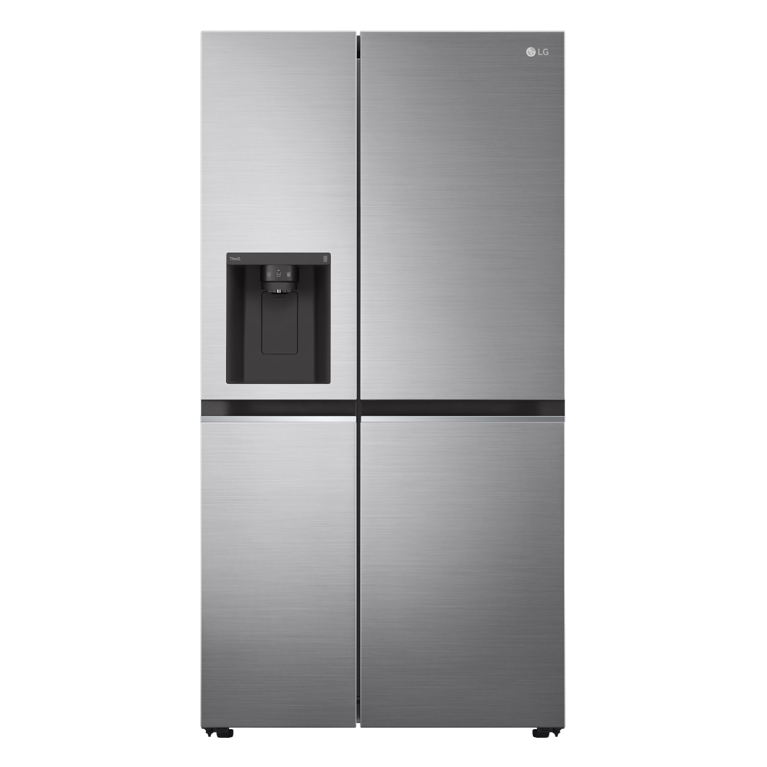 Kühlschrank aus Edelstahl mit zwei oberen und zwei unteren Türen, schwarzem Griff und Spender.