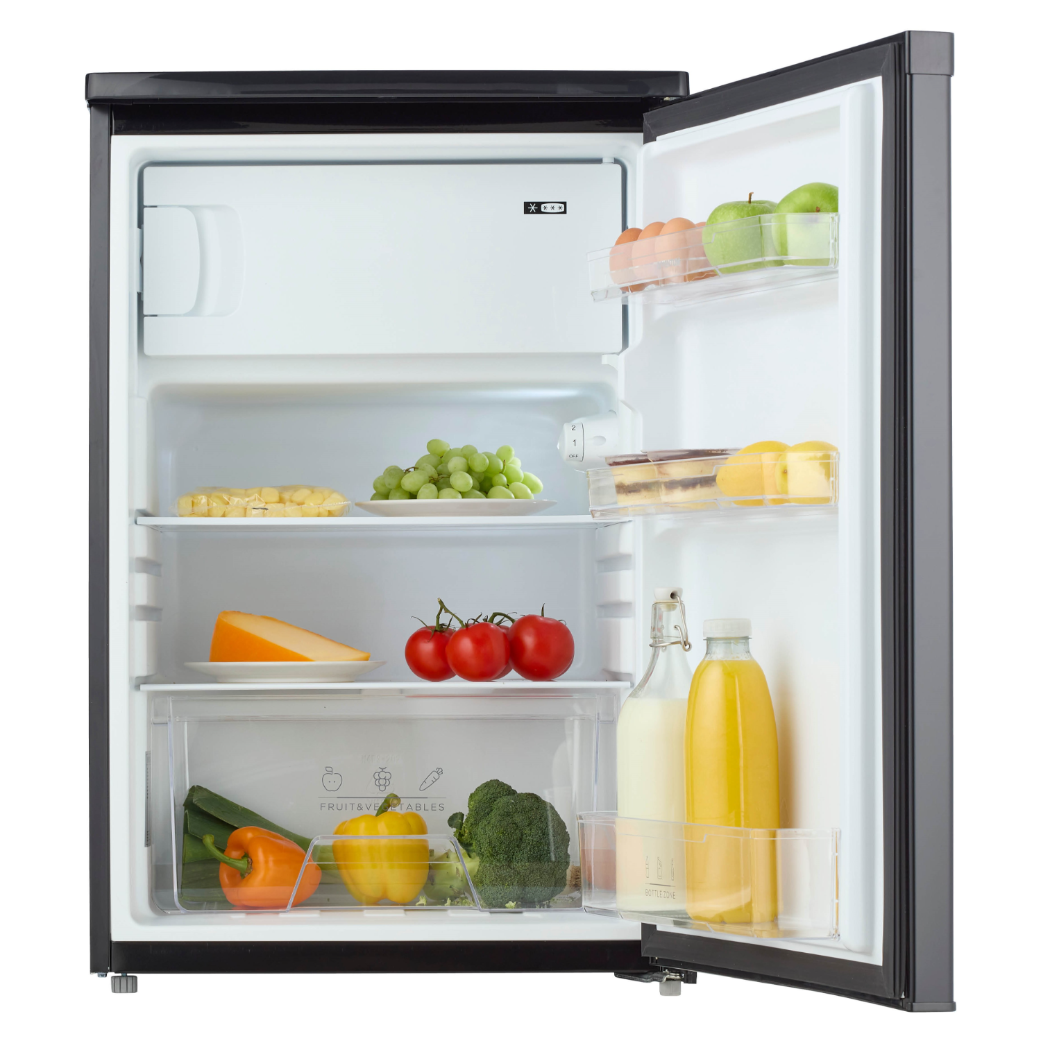 Open refrigerator with fruits, vegetables, eggs, and juice bottles inside.