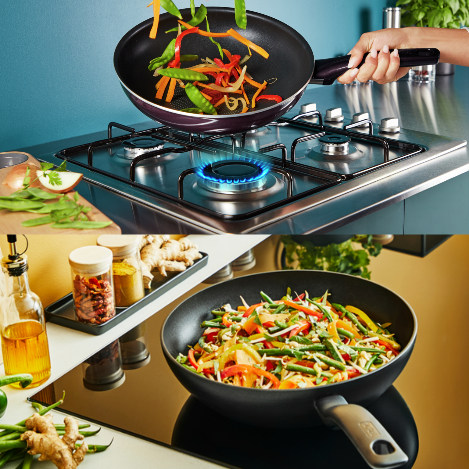 Pan with vegetables on a gas stove. Another pan with cooked vegetables is on the black stove.