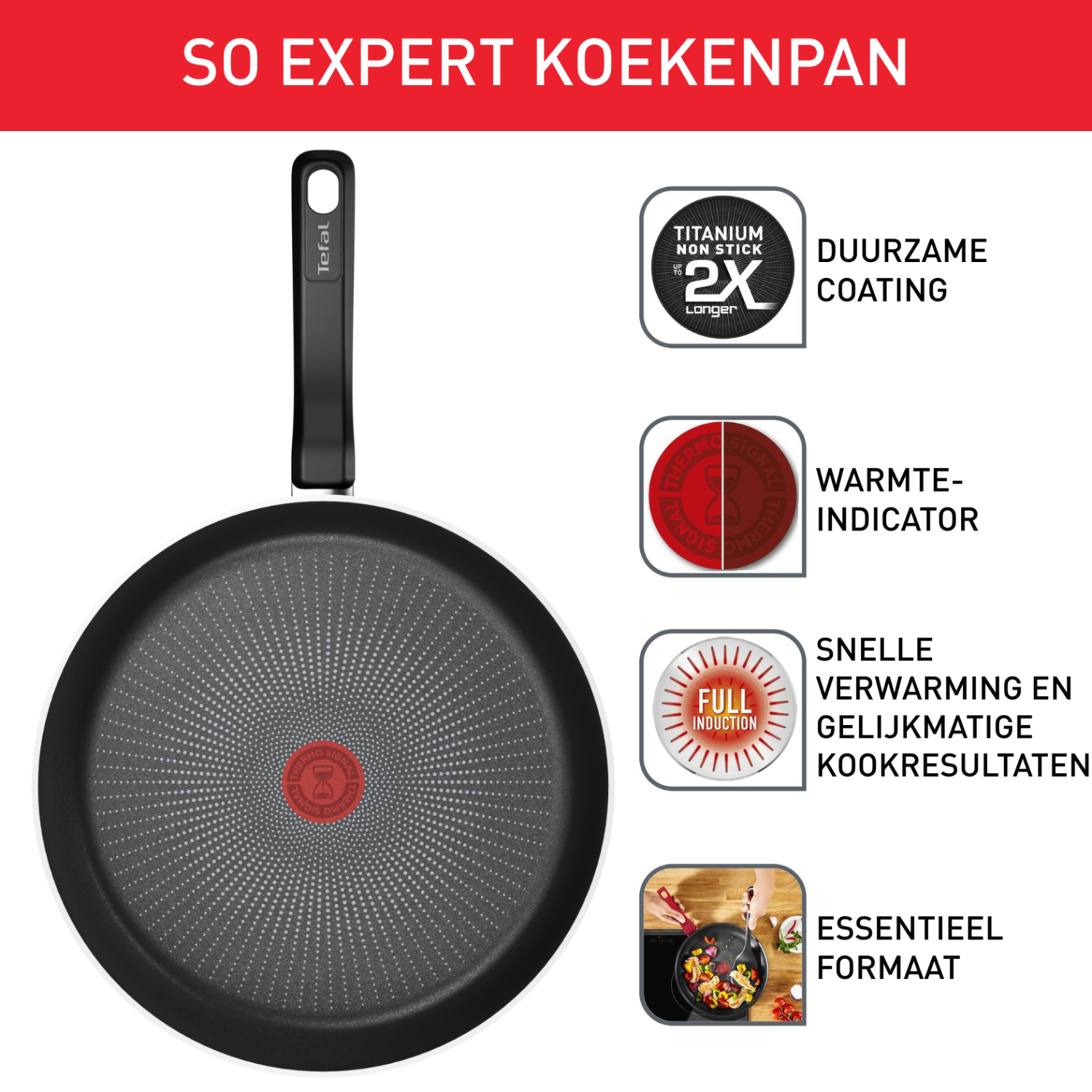 Non-stick frying pan with handle, various icons, and text related to its features on white background.