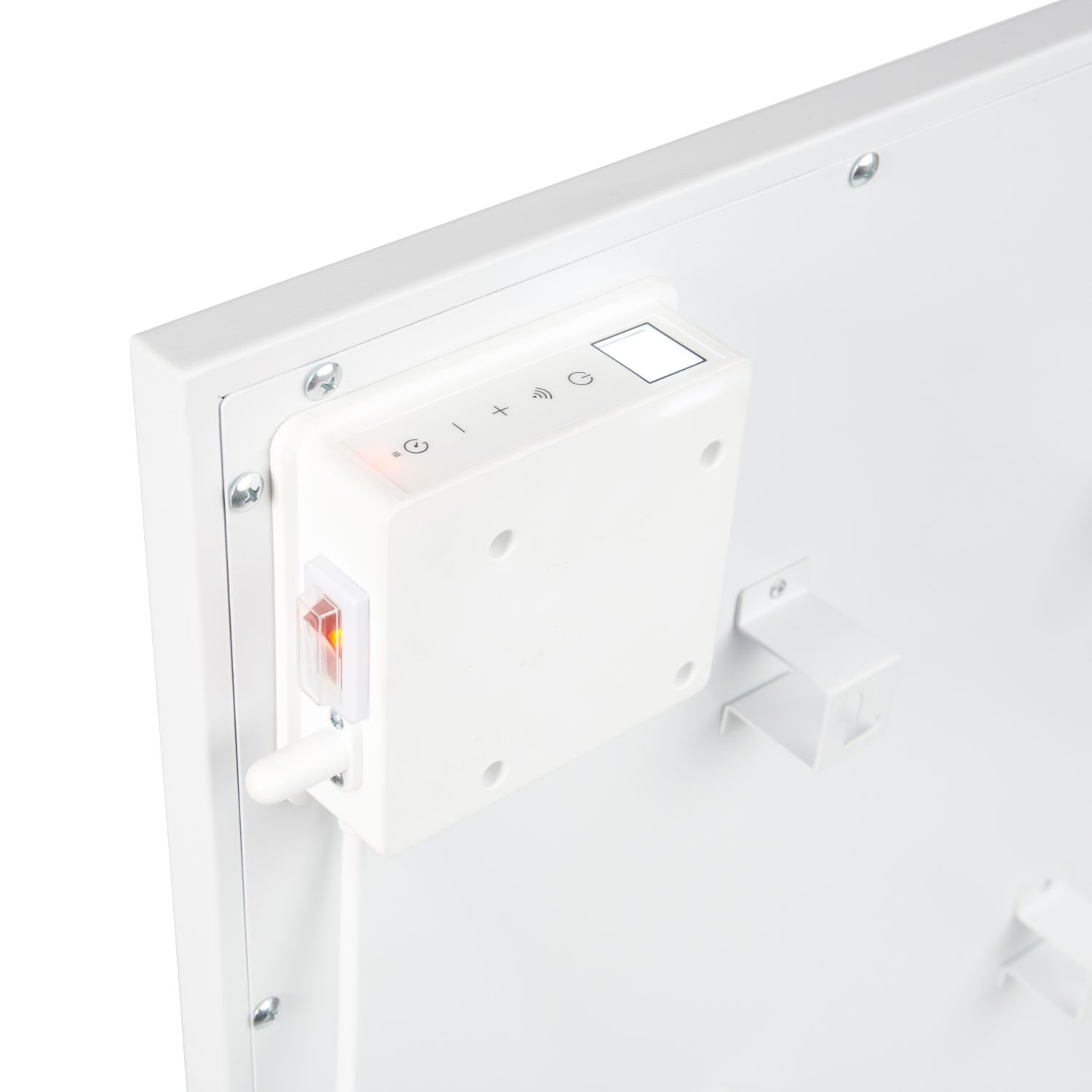 White, square control panel on a white wall with a switch and buttons. Screws are visible.