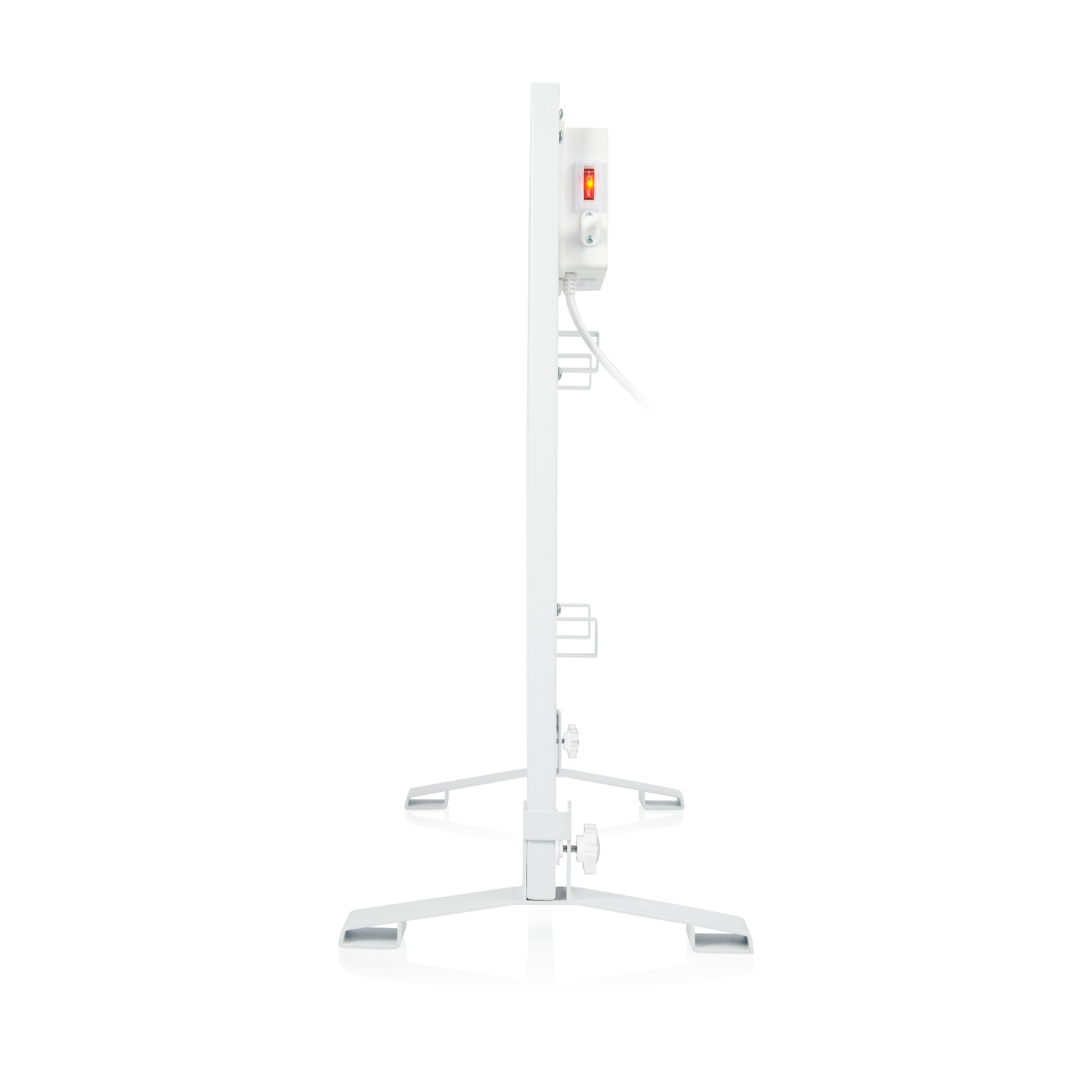 White electric heater, side view. White background, with the legs and controls visible.