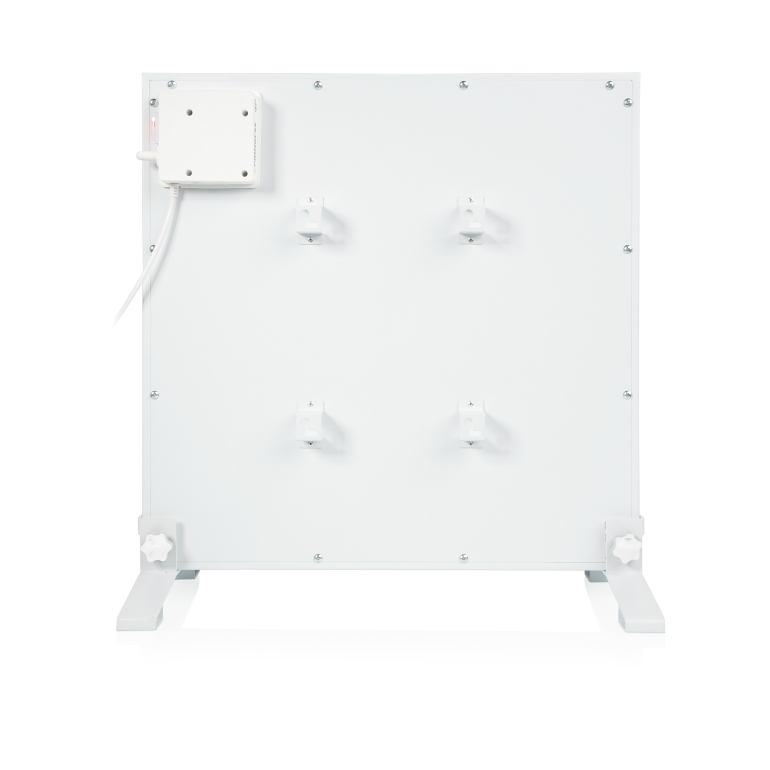 White electric heater back view. Mounting brackets and power cord visible.