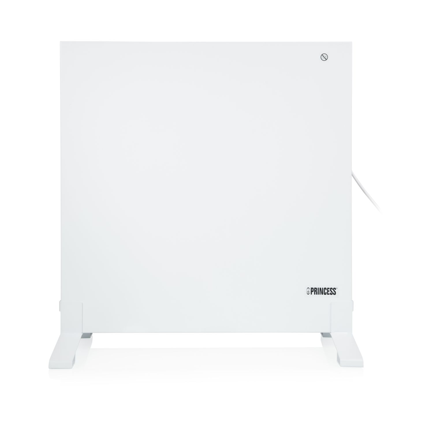 White panel heater on white background. Rectangular shape with legs. Brand name at the bottom.