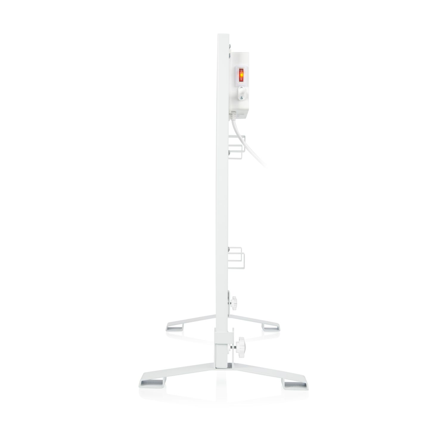 White electric heater, side view. Red power button. White background.