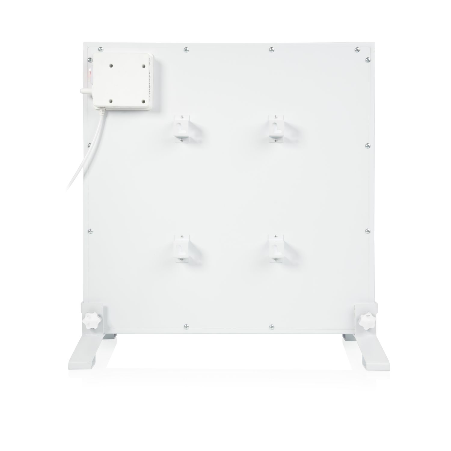 The back of a white electric heater. It has a control box, four mounting brackets, and legs.