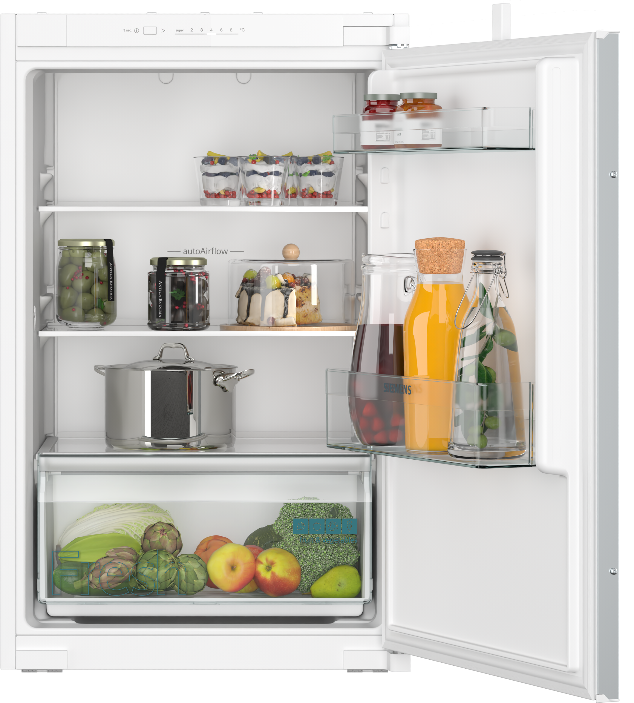 Kühlschrank mit offener Tür, gefüllt mit Essen. Gläser, Gemüse und Obst sind drin.