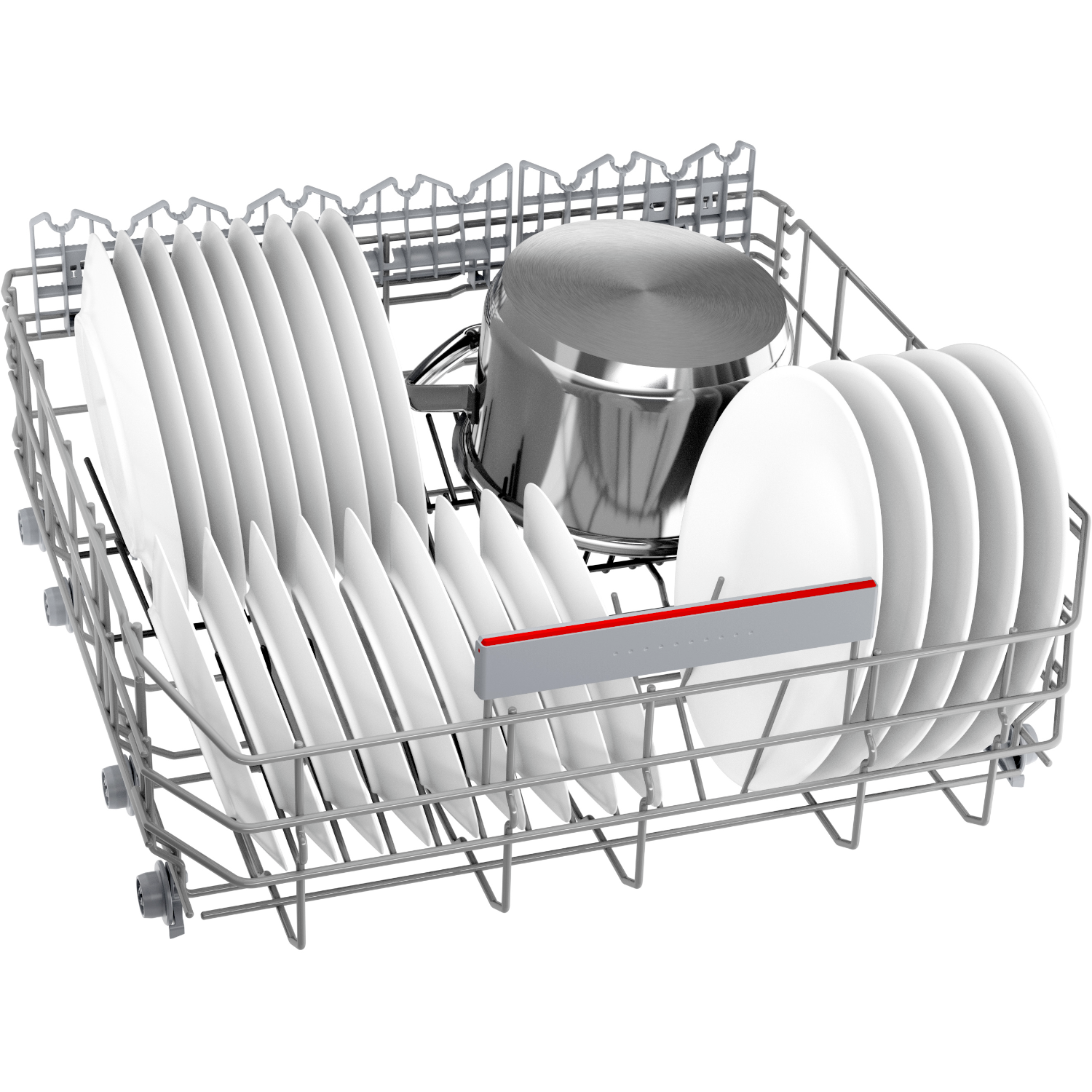 Regał zmywarki z białymi talerzami i stalowym garnkiem. Talerze stoją, garnek jest pośrodku.