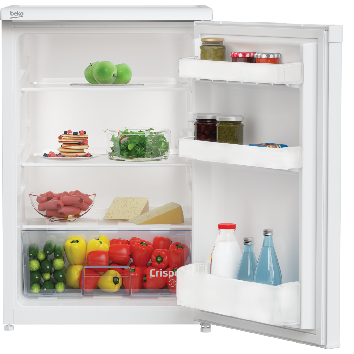 Un frigorifero bianco, con la porta aperta, che mostra ripiani con cibo come frutta e formaggio.