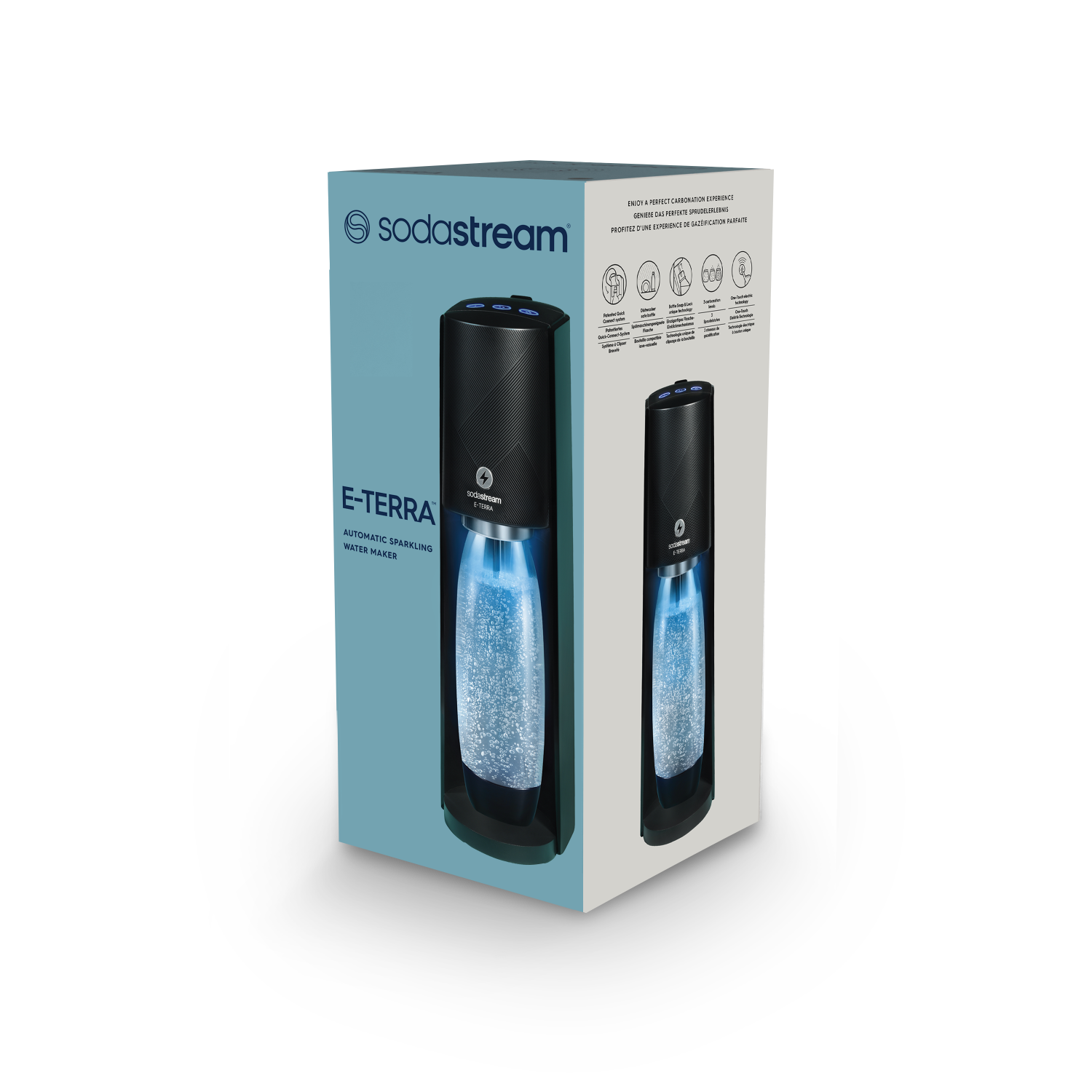 Schwarzer und blauer SodaStream E-Terra Wassermacher mit Box, auf hellblauem Grund.