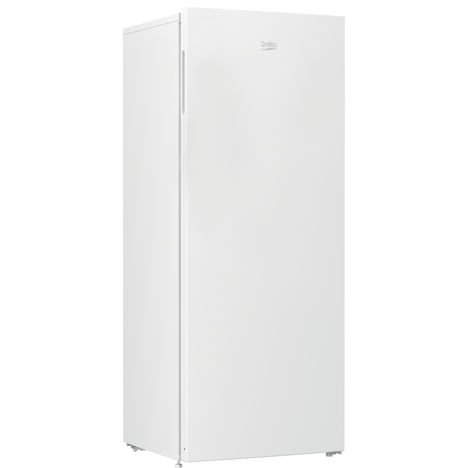 White Beko freezer against a white background. The freezer is tall and has a single door.