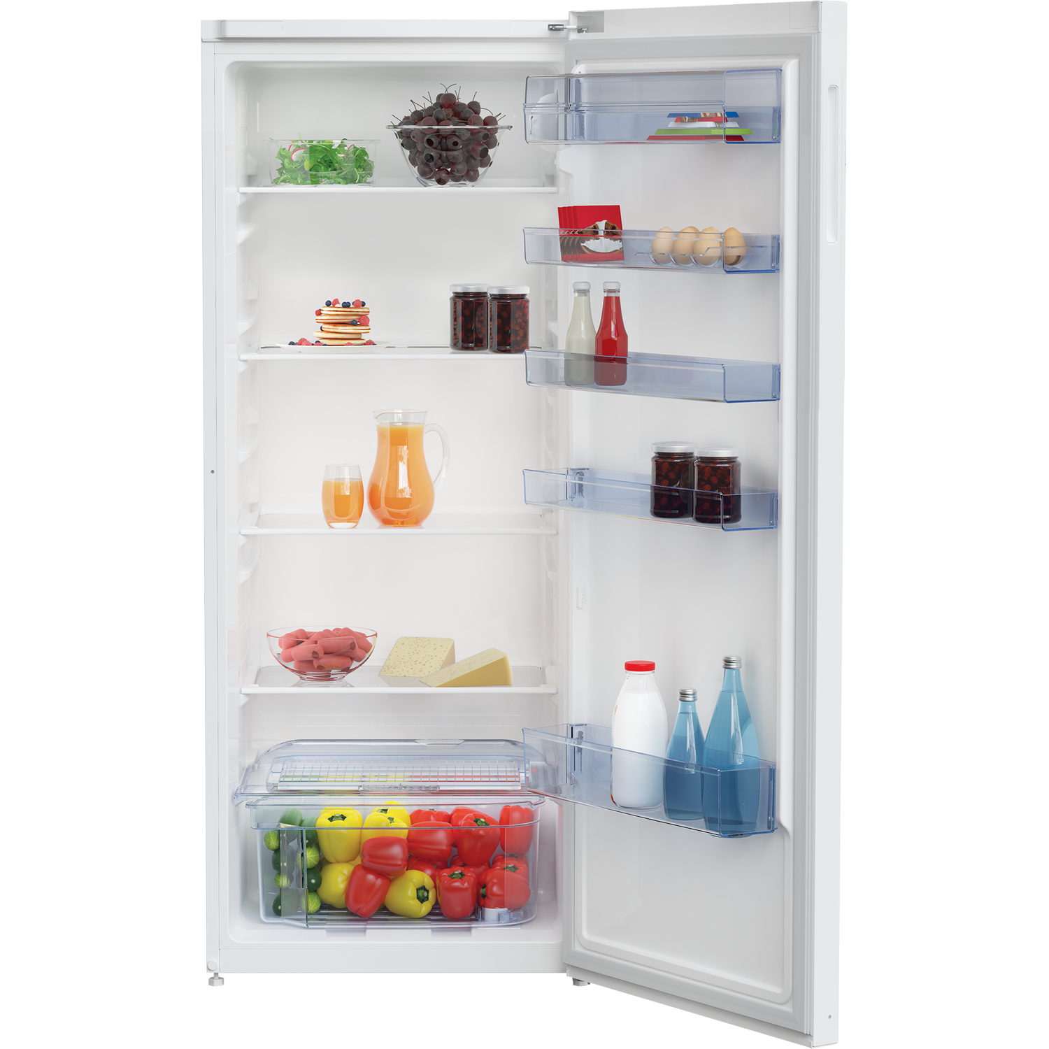 Open white refrigerator with various food items inside. White background.