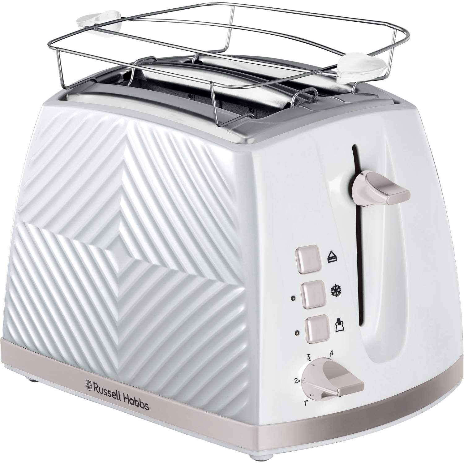 Biały toster z wzorzystym przodem. Ma dźwignię, przyciski i ruszt do podgrzewania.