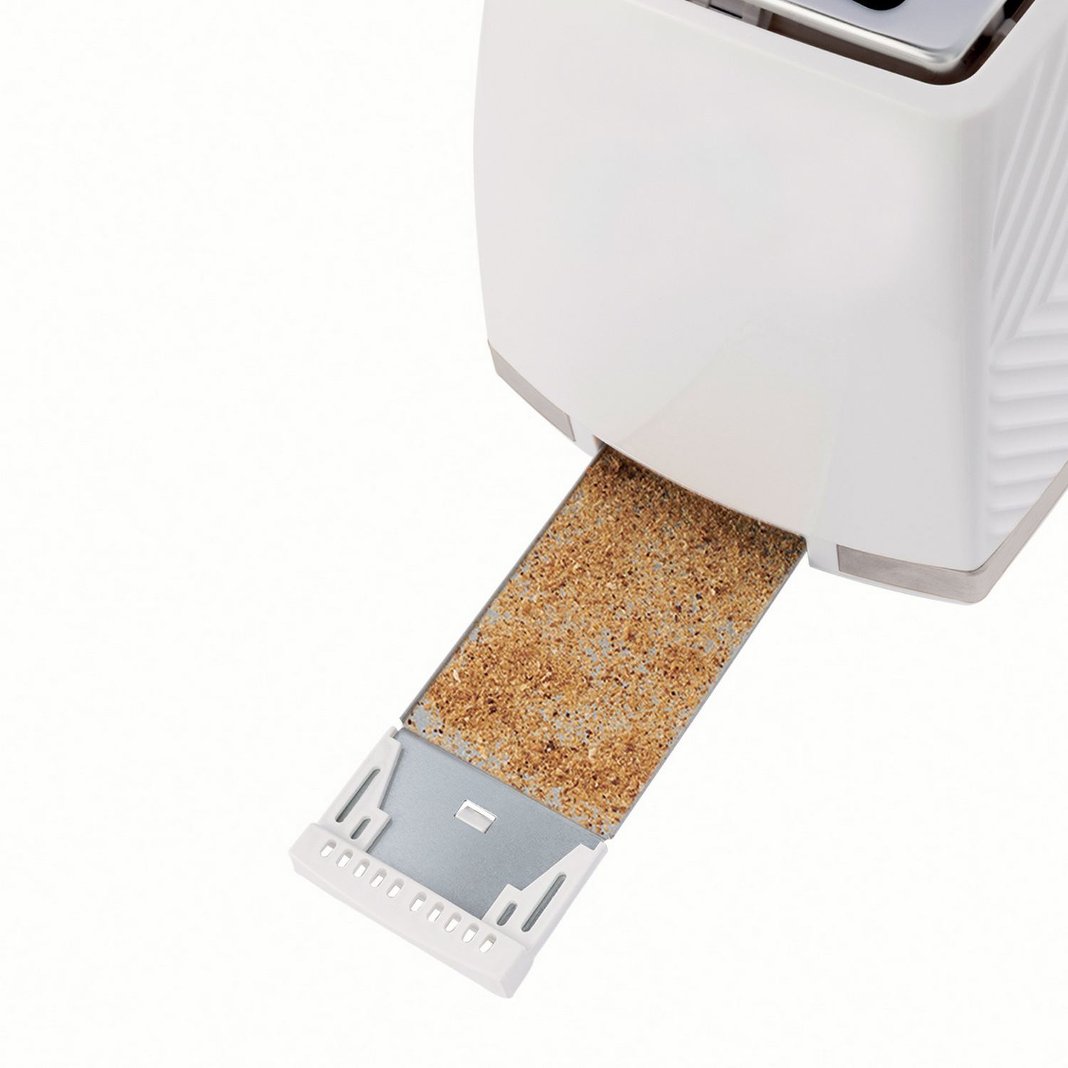 Toster z wysuniętą tacą na okruchy, pełną okruchów.