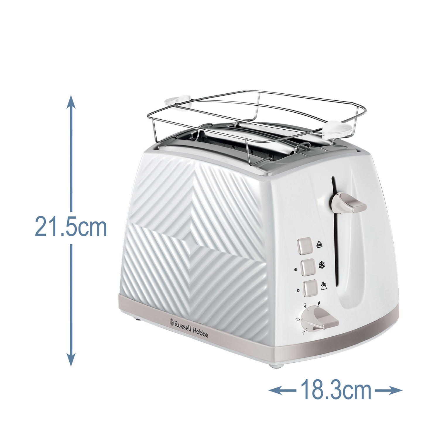 Biały toster ze srebrnymi akcentami. Wymiary pokazano strzałkami.