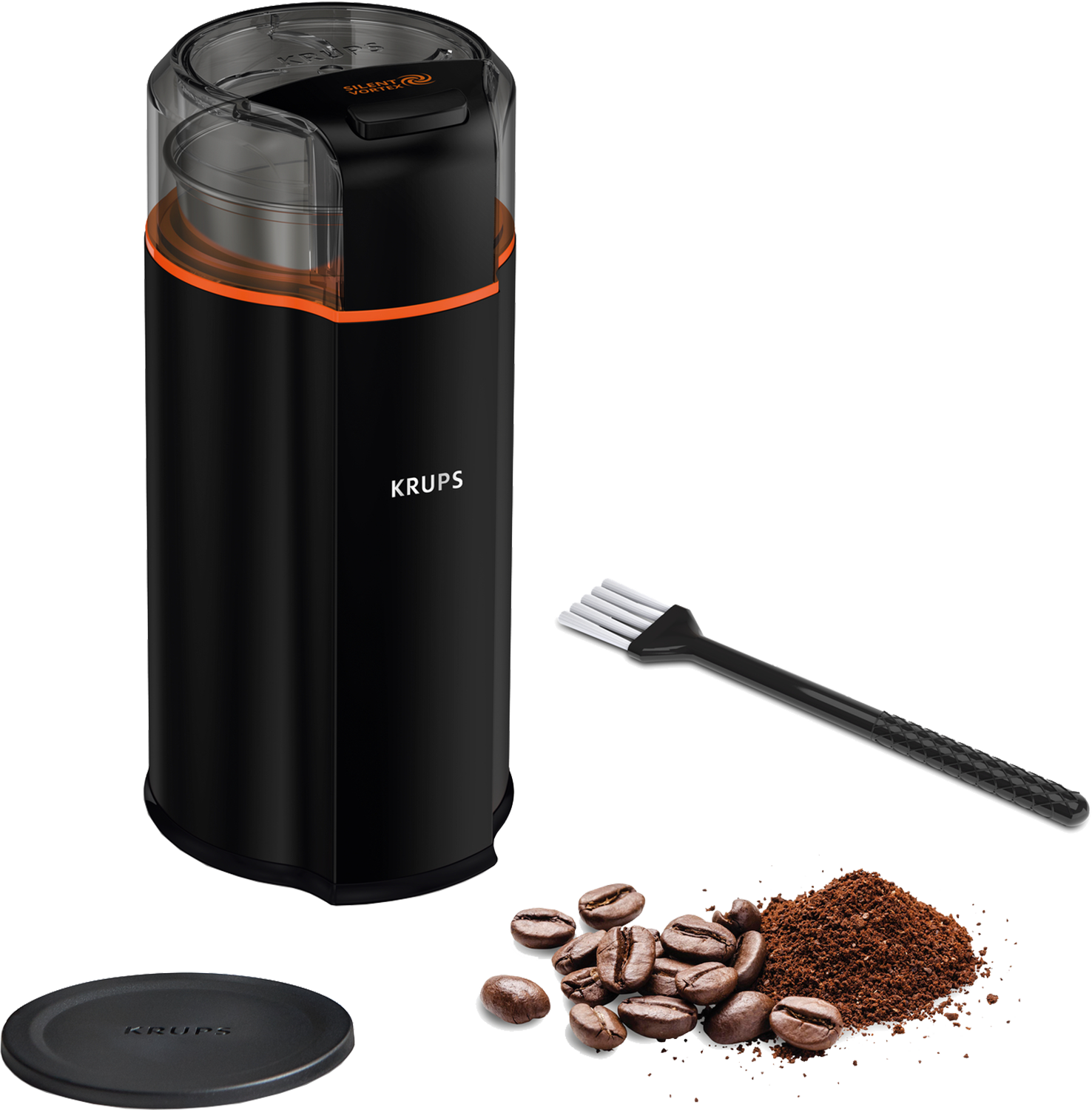 Czarny młynek do kawy Krups z akcesoriami, ziarnami i zmieloną kawą.