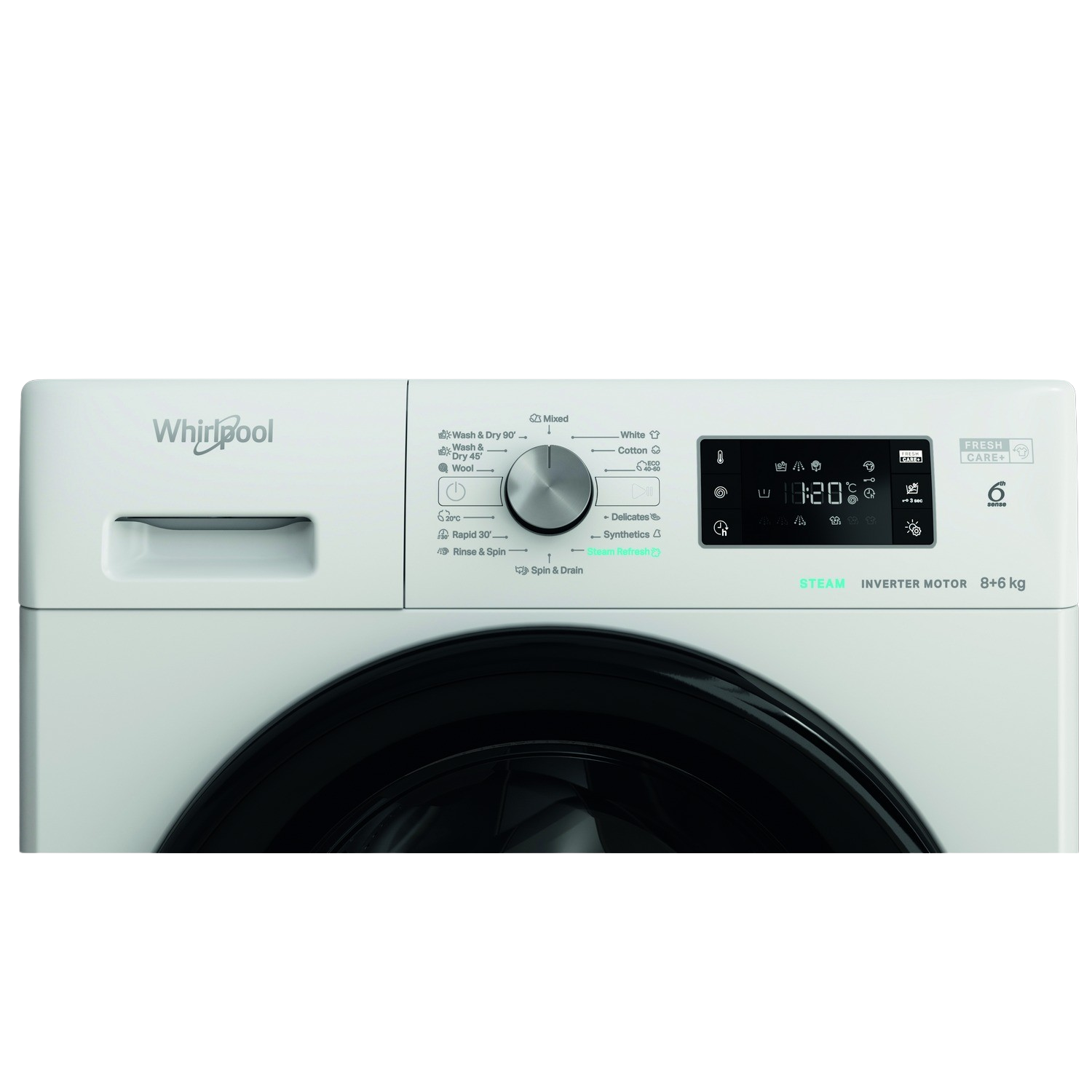 Biała pralka Whirlpool. Widoczny panel sterowania i drzwi.