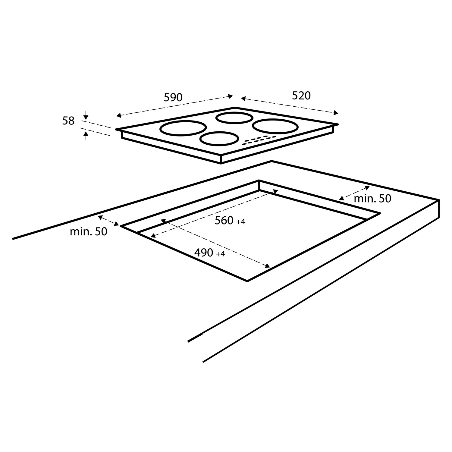 Diagram: Uitsparing afmetingen inductiekookplaat, met afmetingen voor installatie.