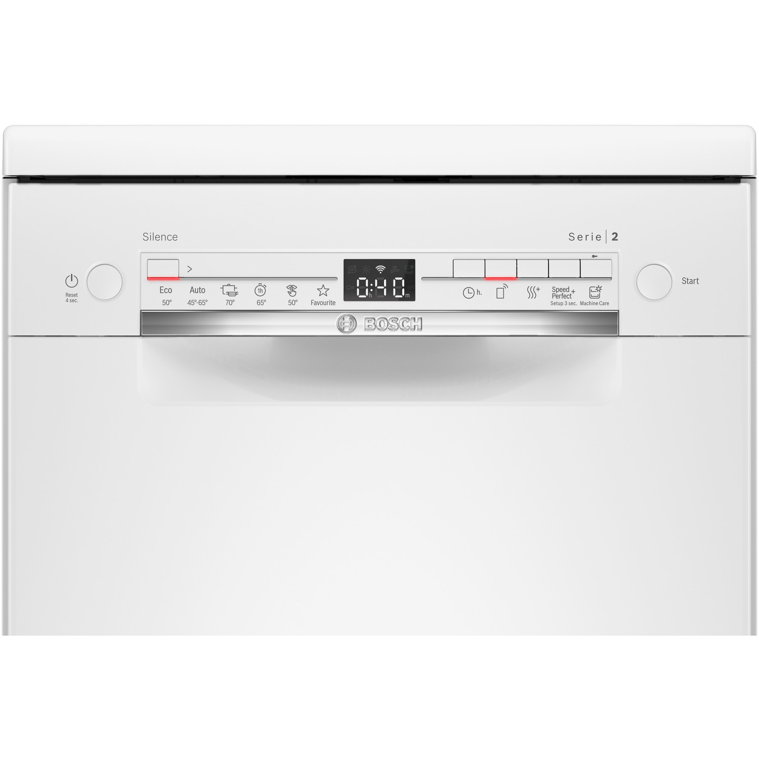 Biała zmywarka Bosch, zamknięta. Panel sterowania u góry z przyciskami i wyświetlaczem. Białe tło.