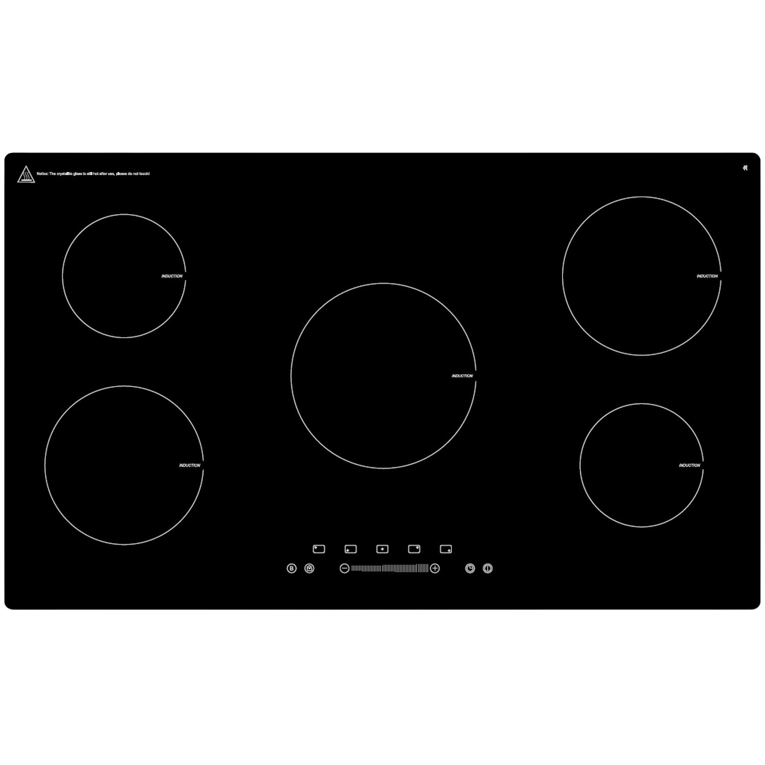 Table de cuisson à induction noire avec cinq zones de cuisson. Commandes tactiles en bas. Vue de dessus.