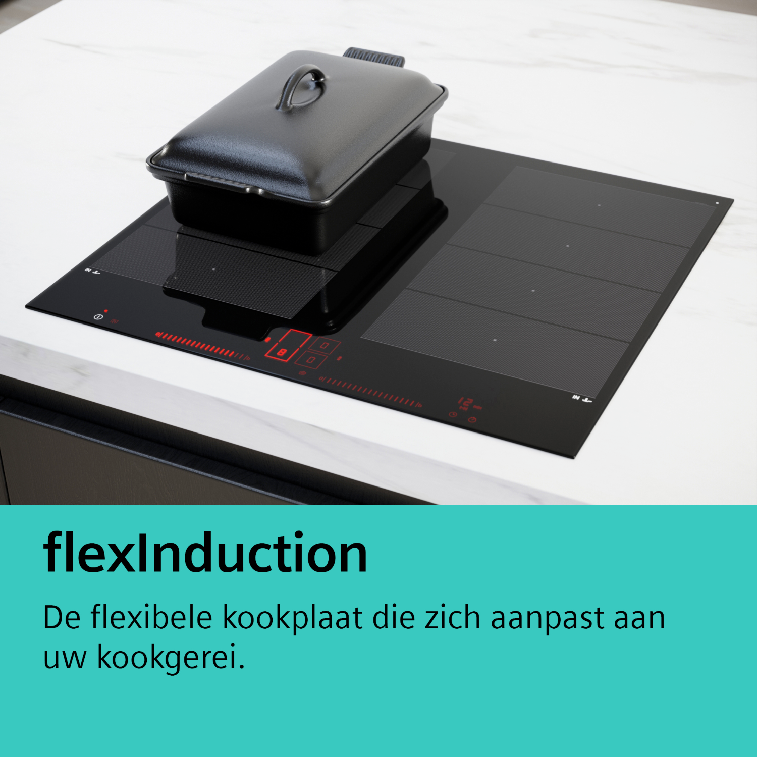 Een zwart kookveld met een zwarte pan erop, met een tekst over flexibel koken.