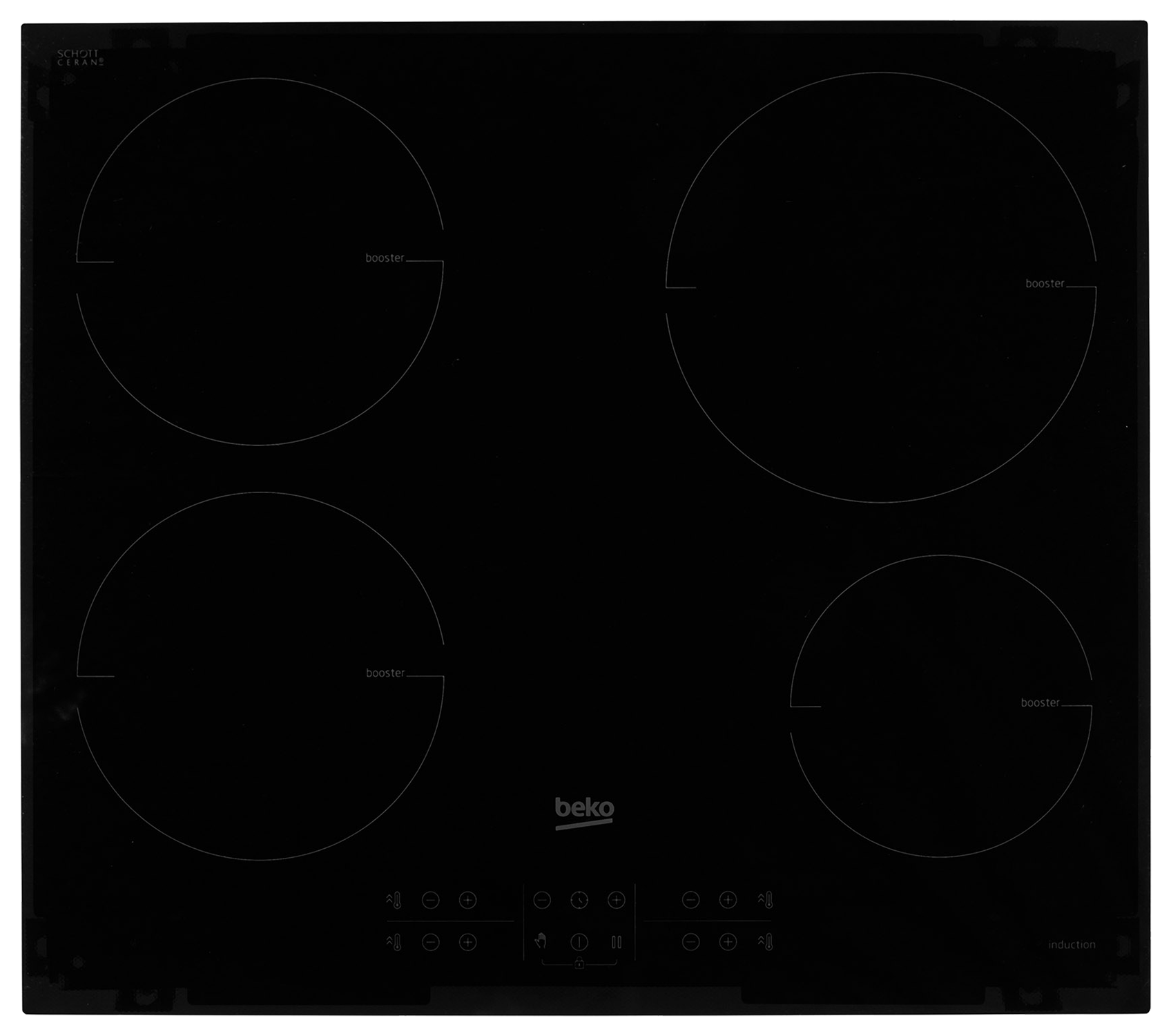 Piano cottura a induzione nero con 4 fuochi circolari e logo Beko.