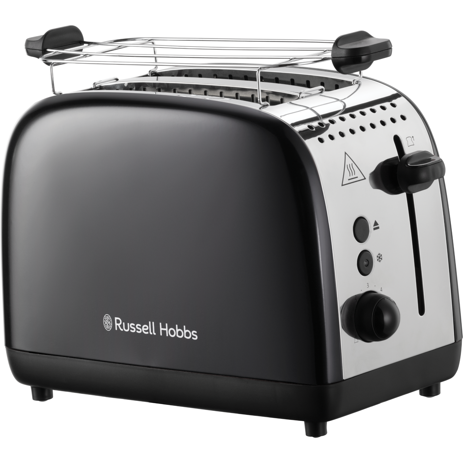 Un grille-pain Russell Hobbs noir et argent. Il a une base noire avec une partie supérieure argentée.
