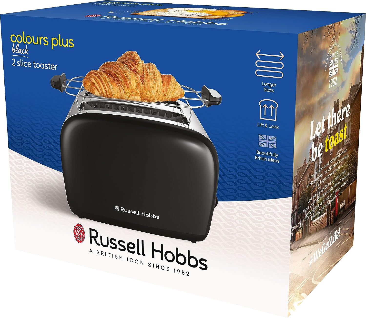 Ein schwarzer und silberner Toaster mit einem Croissant darin und Verpackung mit Text.