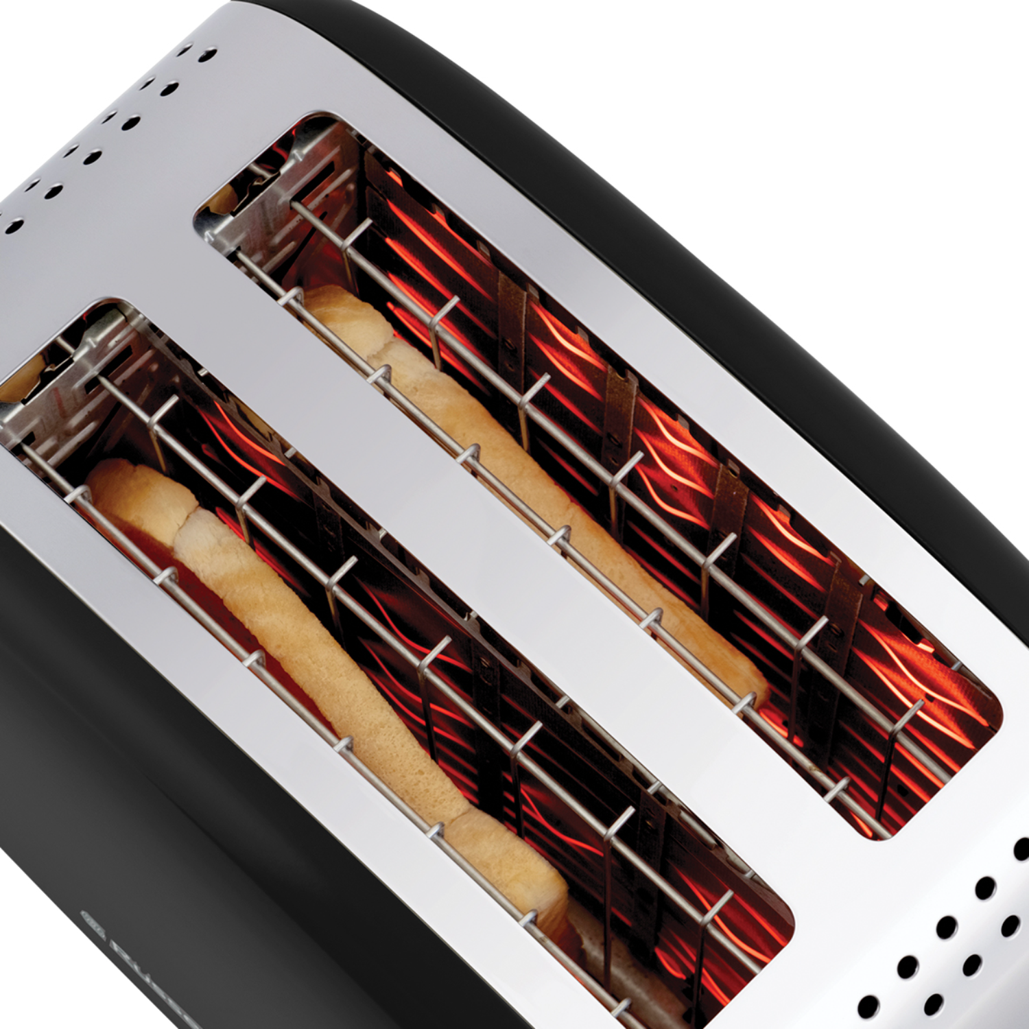 Un grille-pain avec deux tranches de pain à l'intérieur, chauffées par des résistances rouges.