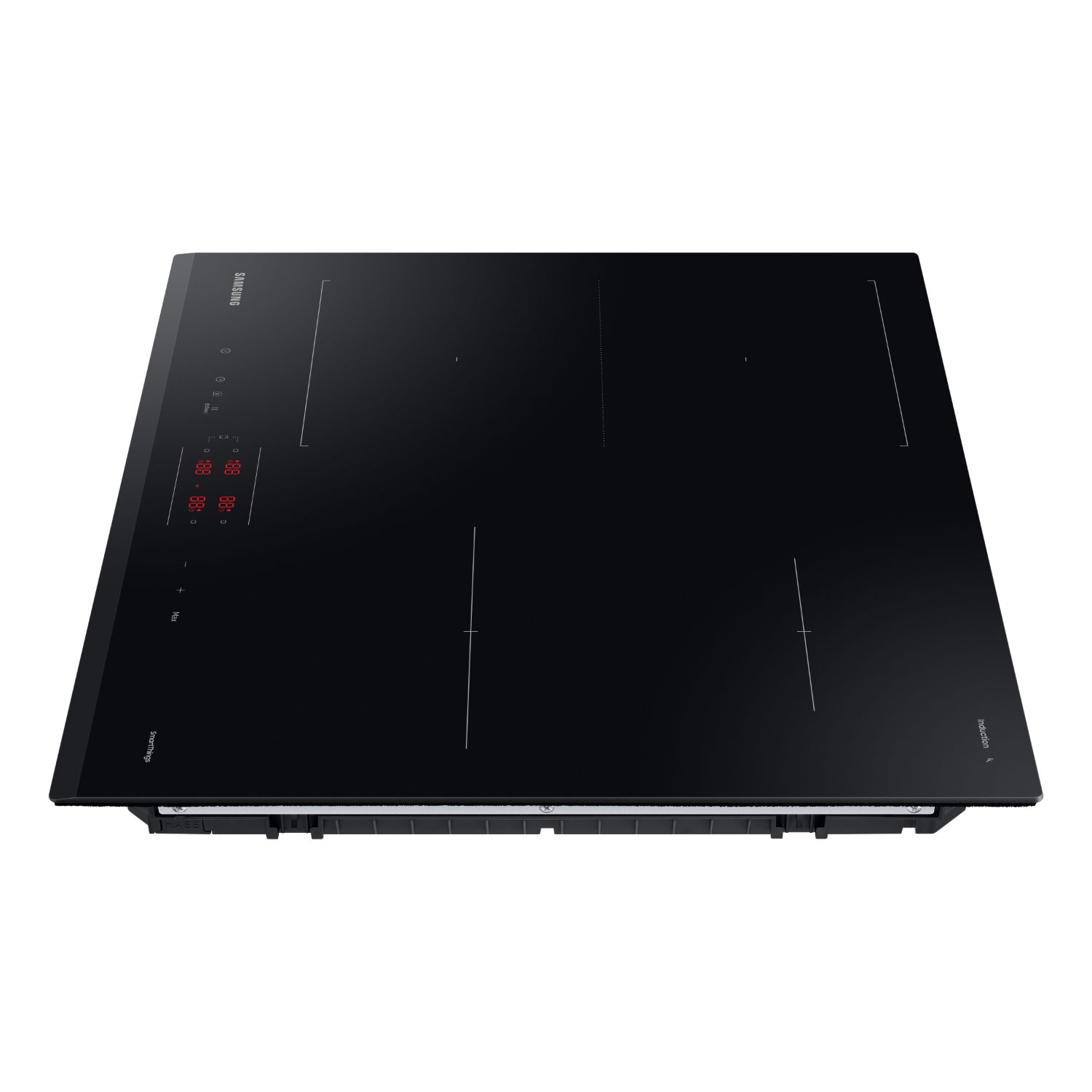 Czarna płyta indukcyjna z wyświetlaczem cyfrowym. Cztery strefy gotowania, lekko pochylony widok z góry.