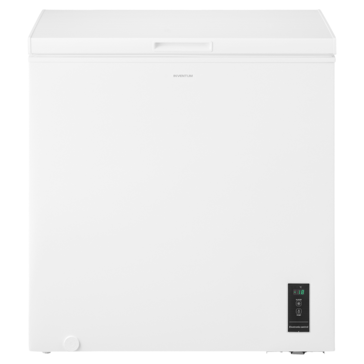 White chest freezer. Front view of a white freezer with a digital display and control panel.