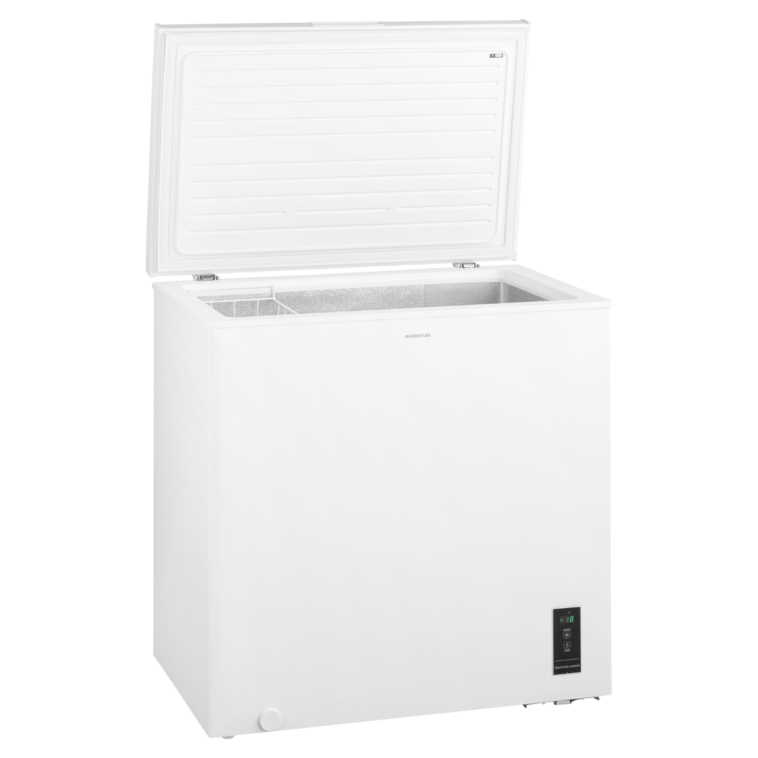 White chest freezer with the lid open, revealing the interior. A control panel is visible at the bottom.