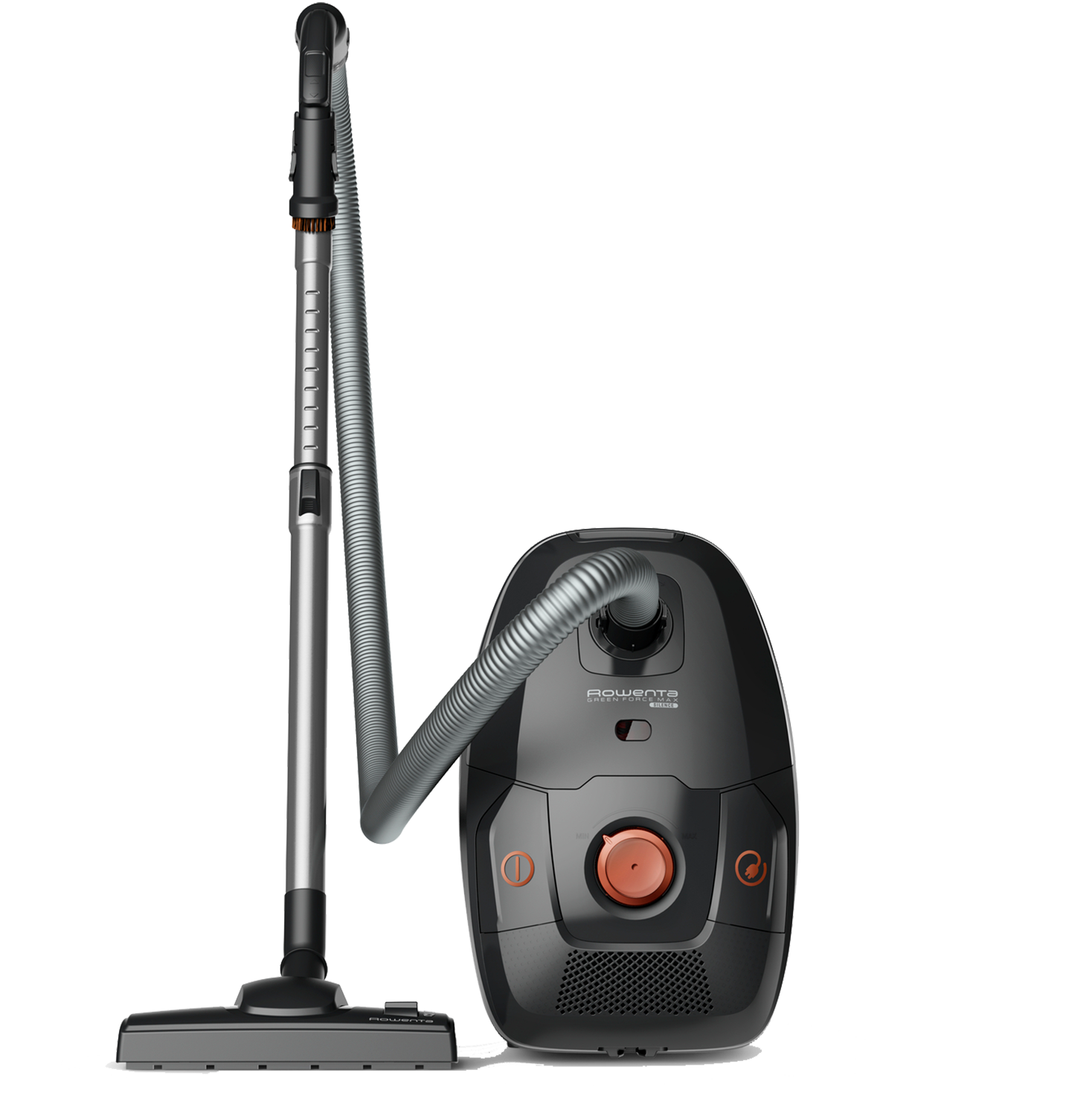 Odkurzacz na białym tle, z wyciągniętym wężem.