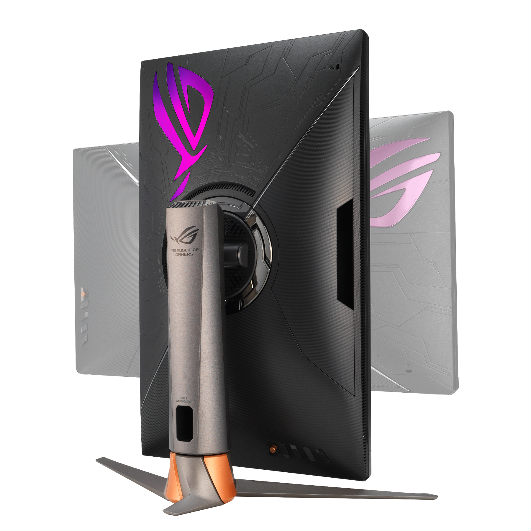 Üç ROG oyun monitörü, arka görünüm, tasarım ve standı gösteriyor.