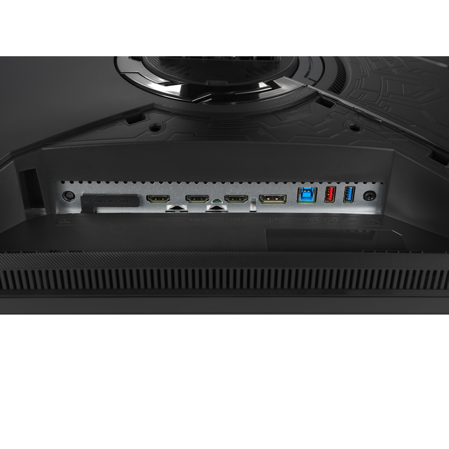 Çeşitli bağlantı noktaları görünen siyah bir bilgisayar monitörünün arkası.