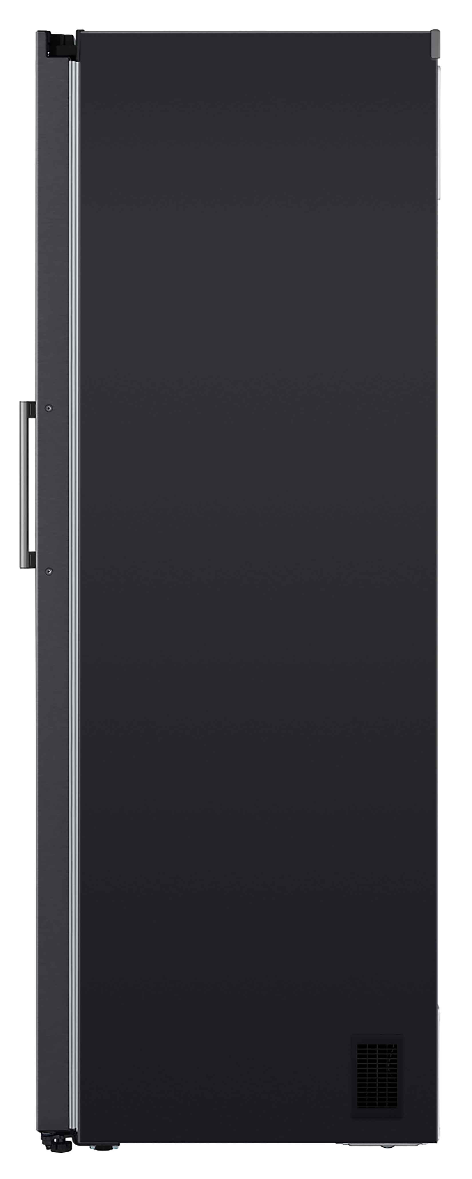 Frigorífico LG negro, vista lateral. Con un asa larga plateada y ventilación en la parte inferior.