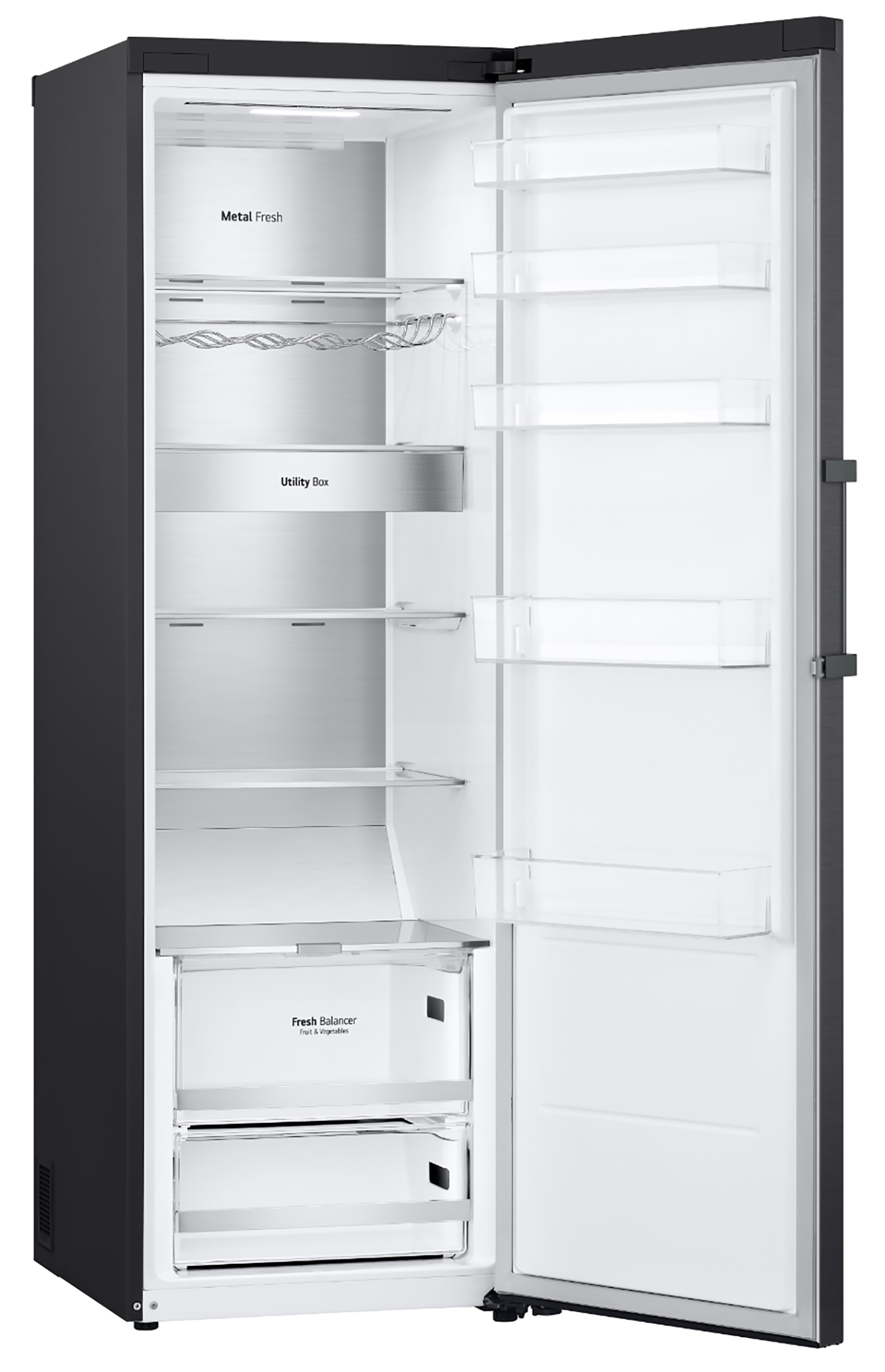 Interior de nevera negra abierta con estantes, cajones y puerta. Etiquetas como 'Metal Fresh' y 'Fresh Balancer'.