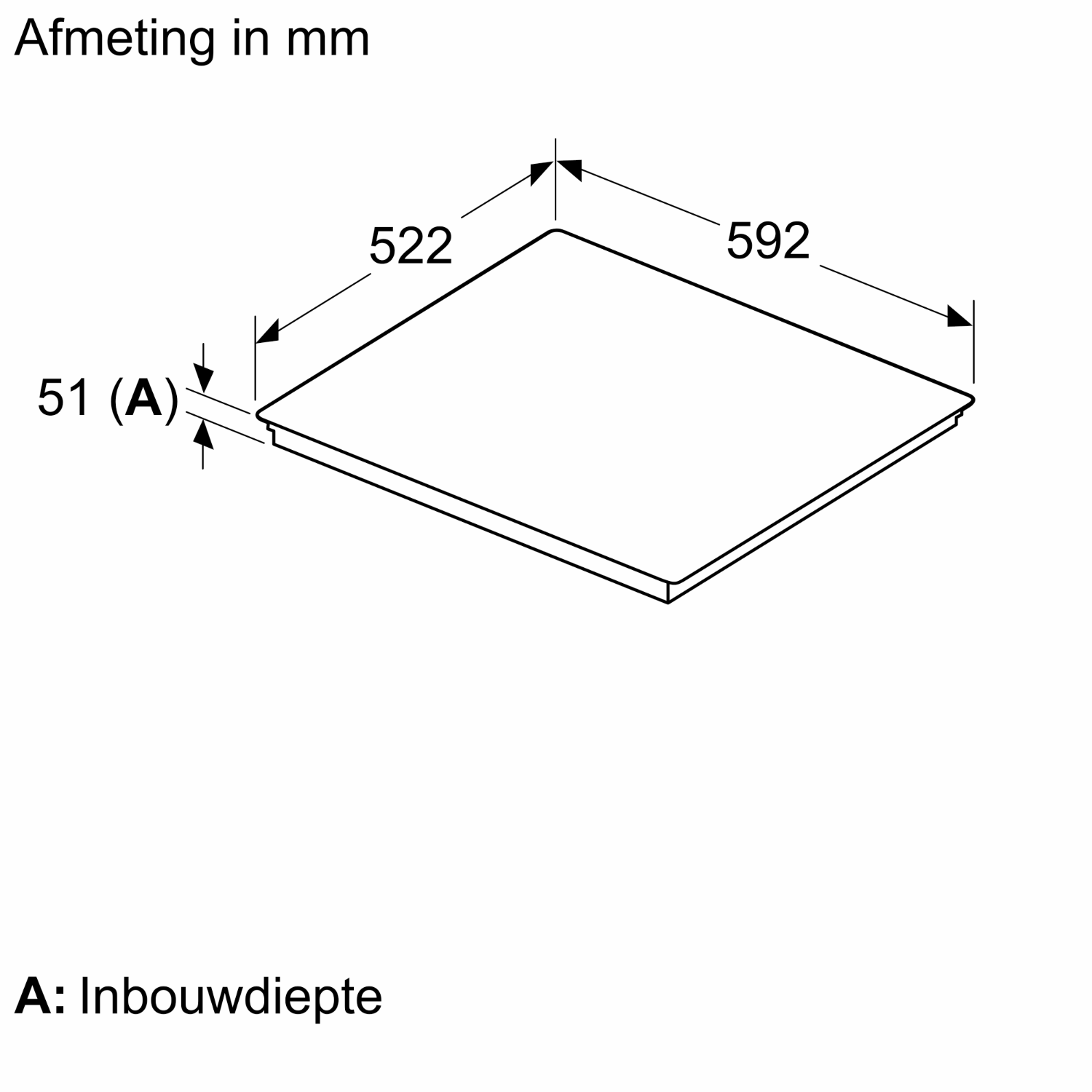Diagramma che mostra le dimensioni in mm. Mostra un quadrato con misure: 522, 592 e 51.