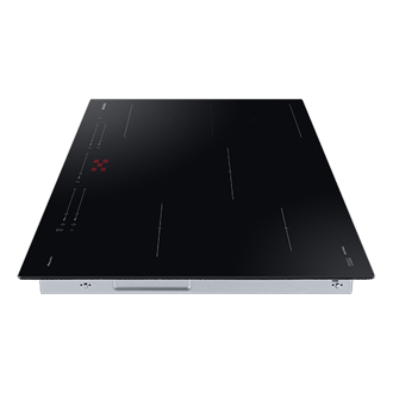 Piano cottura nero con quattro fuochi e display rosso.