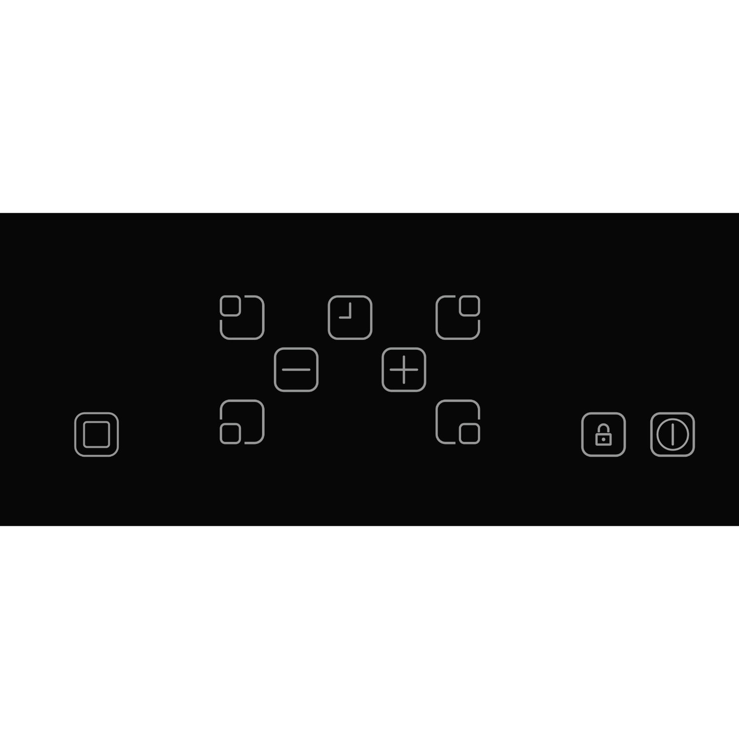 Zwart paneel met aanraakiconen. Symbolen zijn onder meer een slot, aan/uit, plus, min en andere iconen.