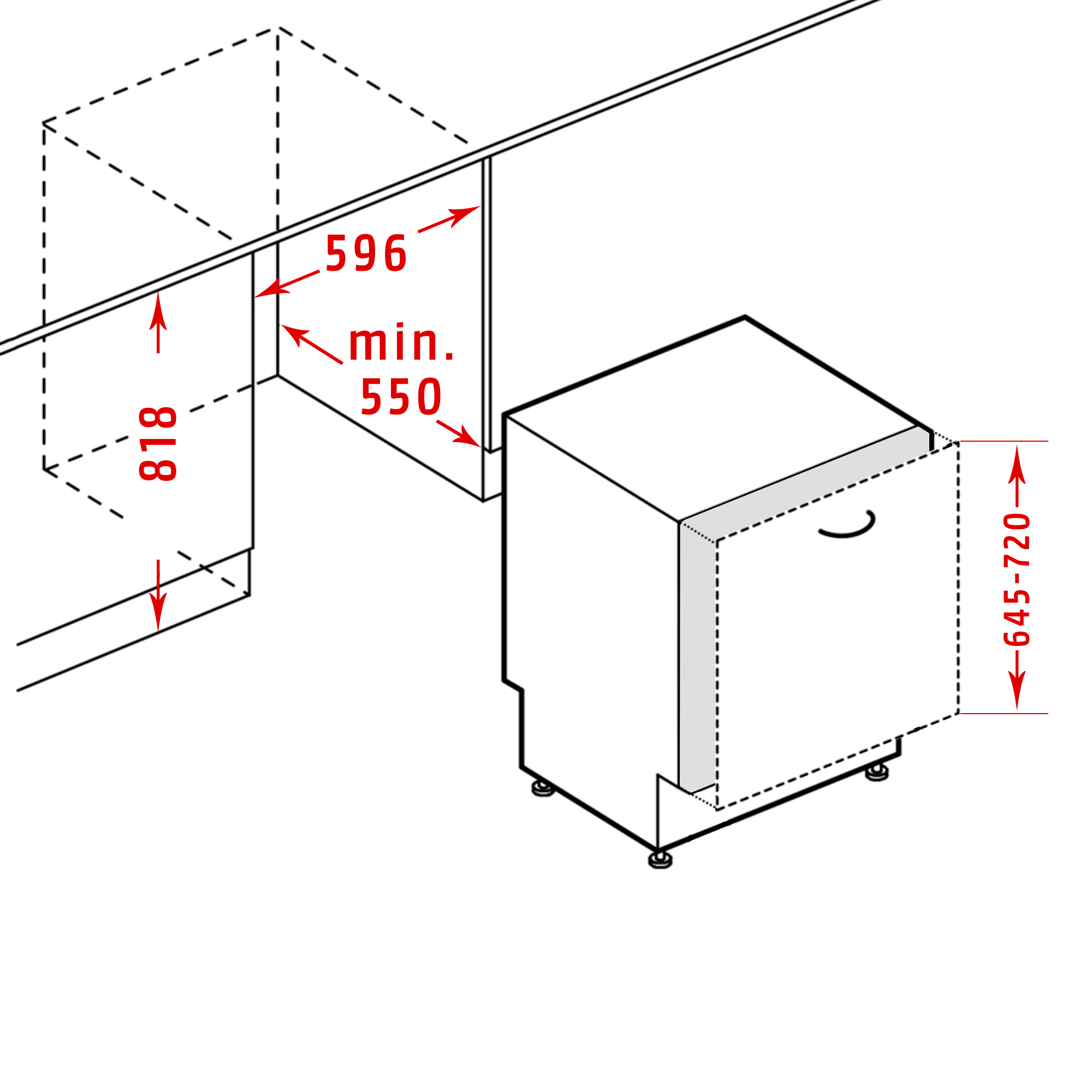 Diagramma di una lavastoviglie con dimensioni. Mostra lo spazio di installazione e le dimensioni.