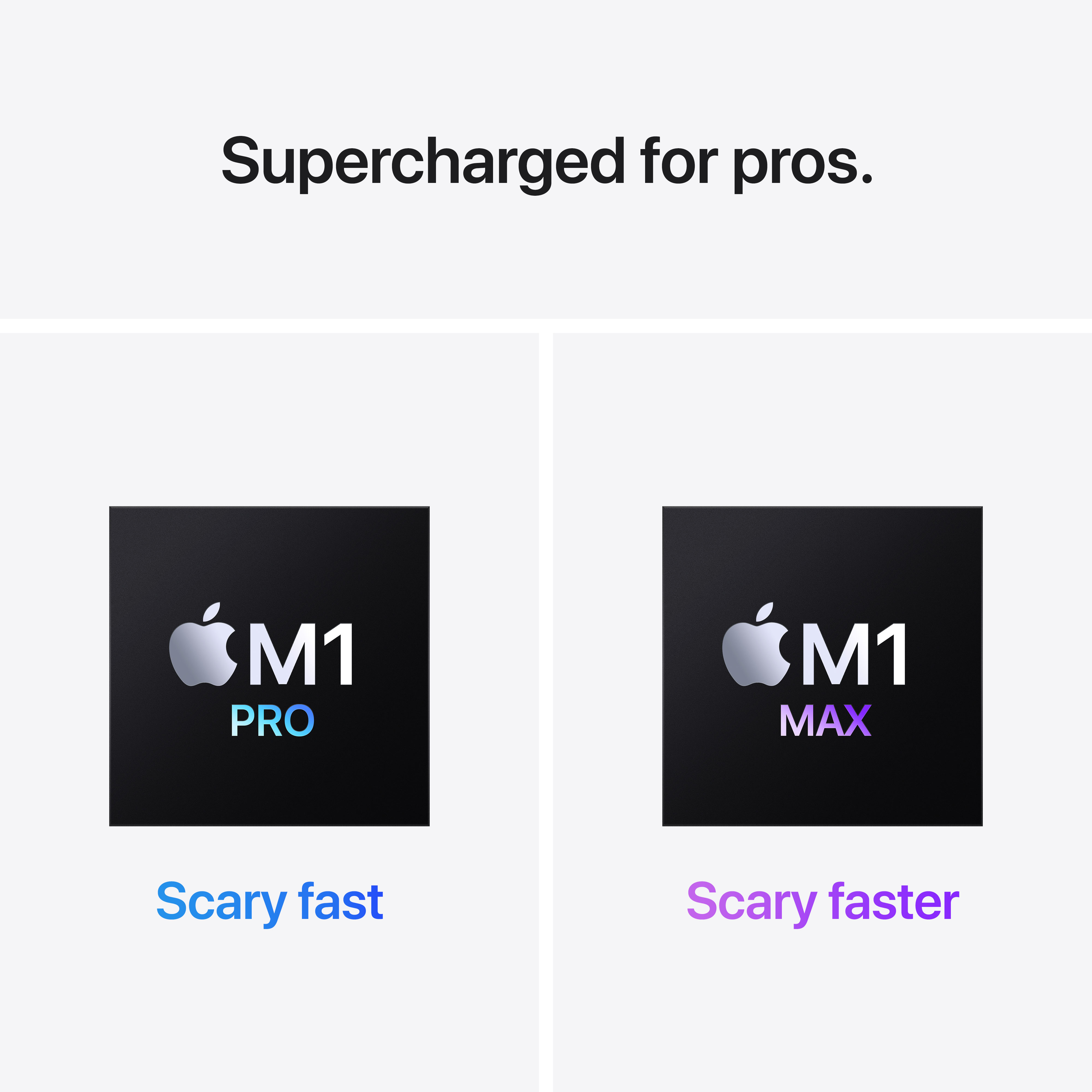 Due chip Apple M1. Uno 'M1 PRO', l'altro 'M1 MAX'. Testo: 'Scary fast' e 'faster'.
