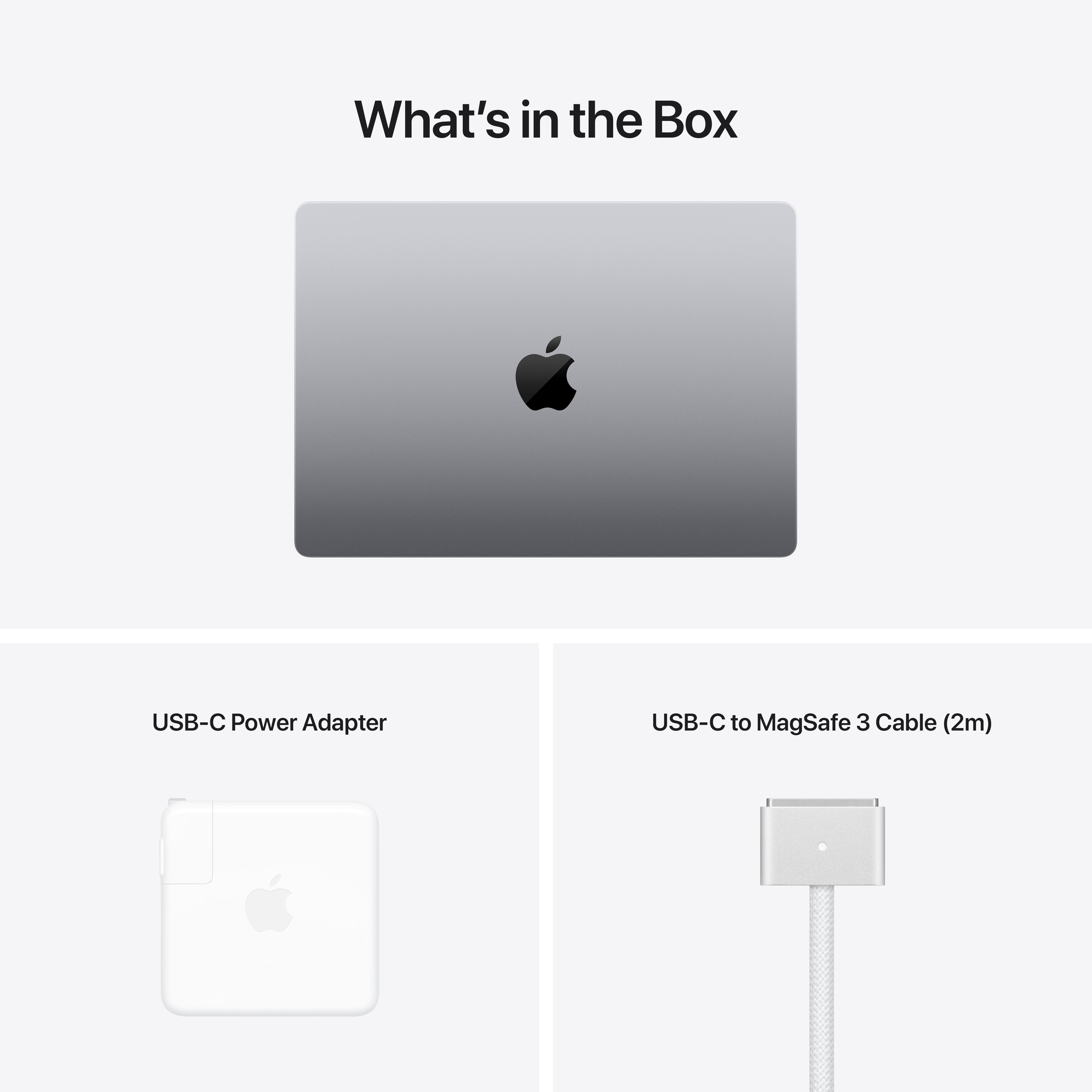 Bild zeigt Laptop, Netzteil und USB-C-Kabel. Text lautet 'Was ist in der Box'.
