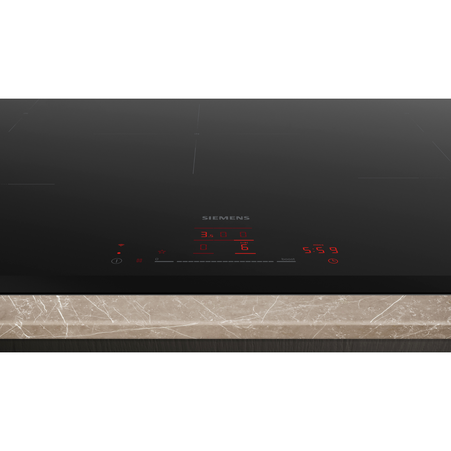 Table de cuisson à induction Siemens noire avec affichage numérique rouge indiquant les réglages.