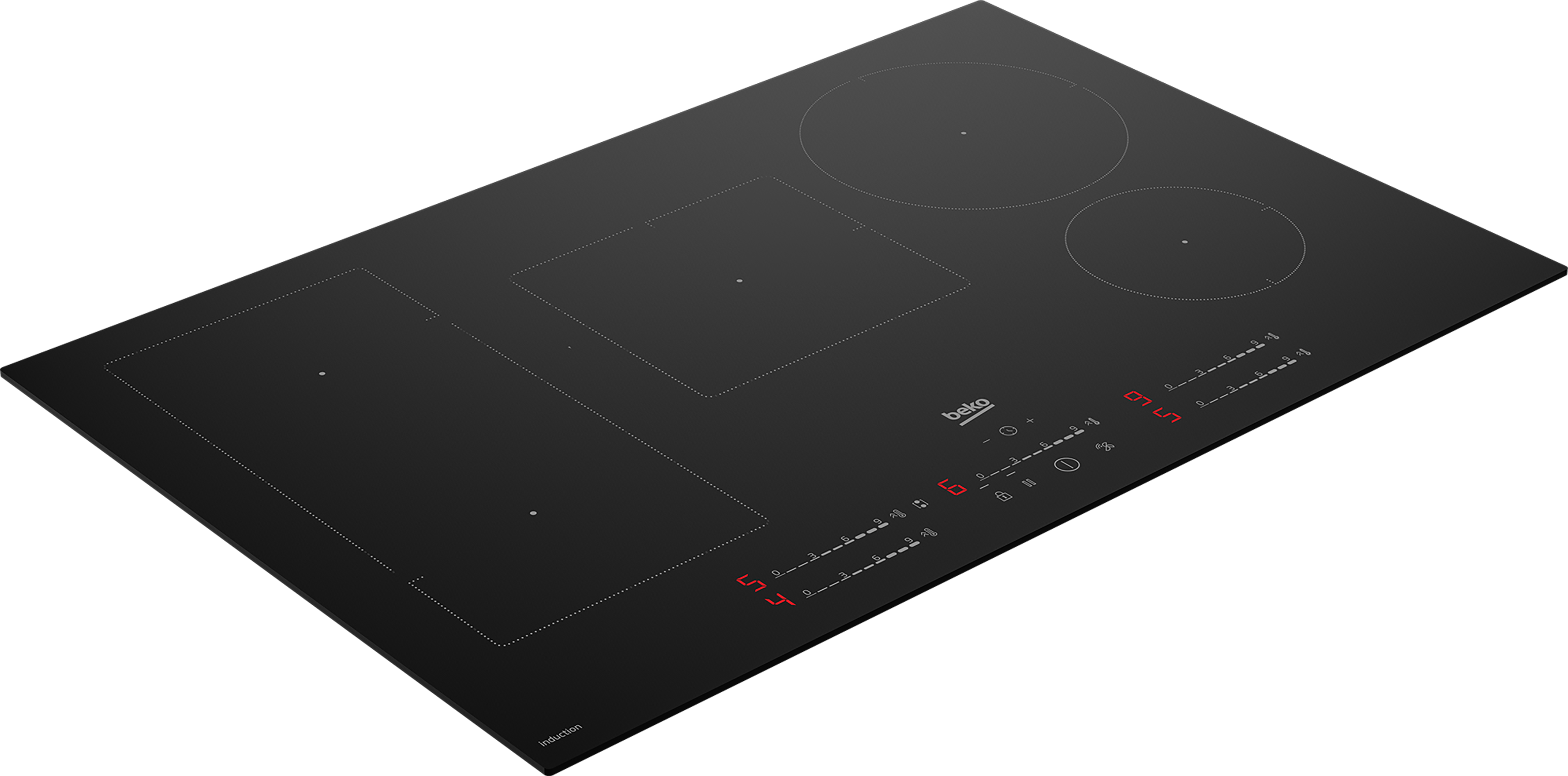 Widok z góry na czarną płytę indukcyjną z wieloma okrągłymi i prostokątnymi strefami gotowania i czerwonymi wyświetlaczami.